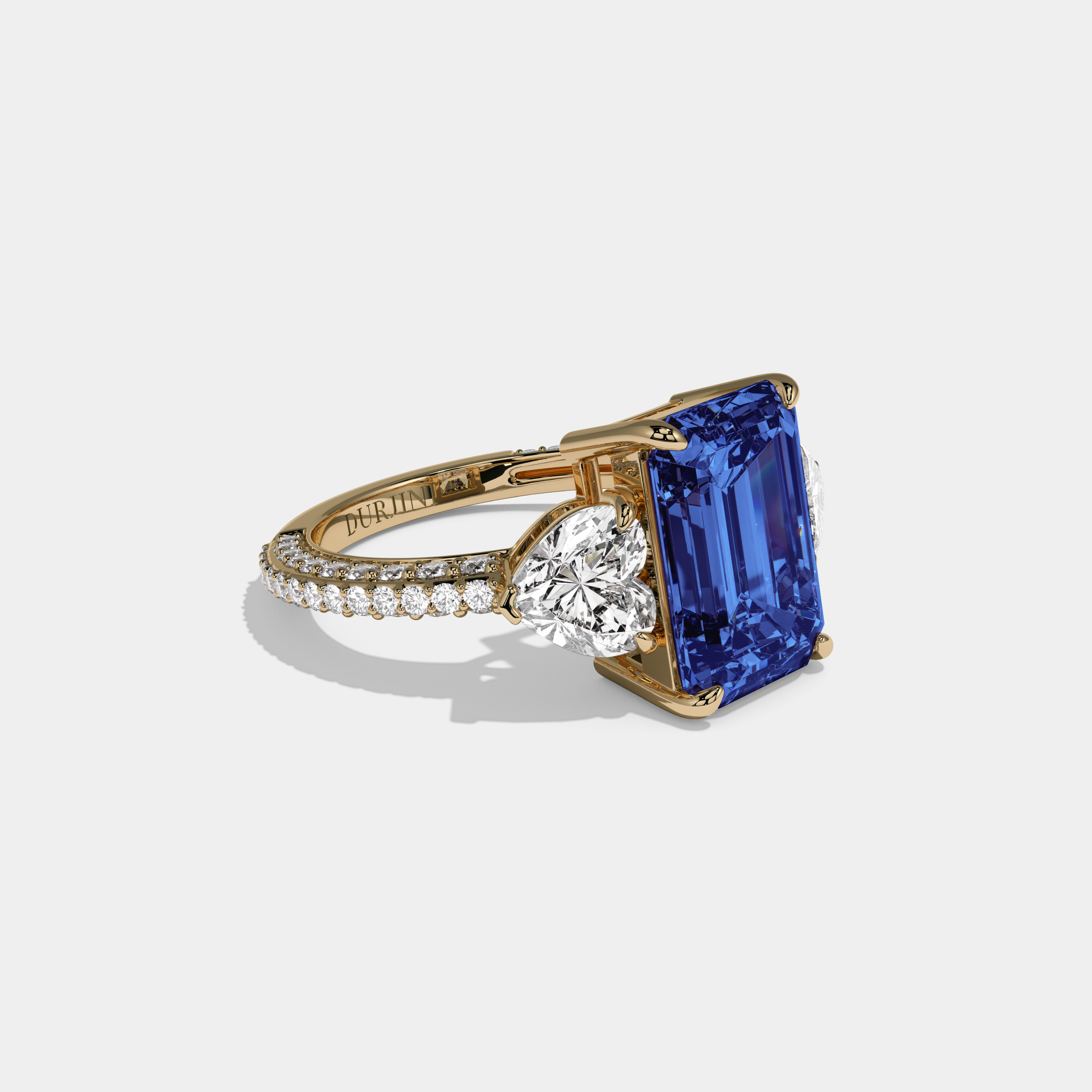 Margaret Fancy Dark Blue Emerald Cut Diamond Band With Heart Cut Sides Engagement Ring 8ct 18K Yellow Gold