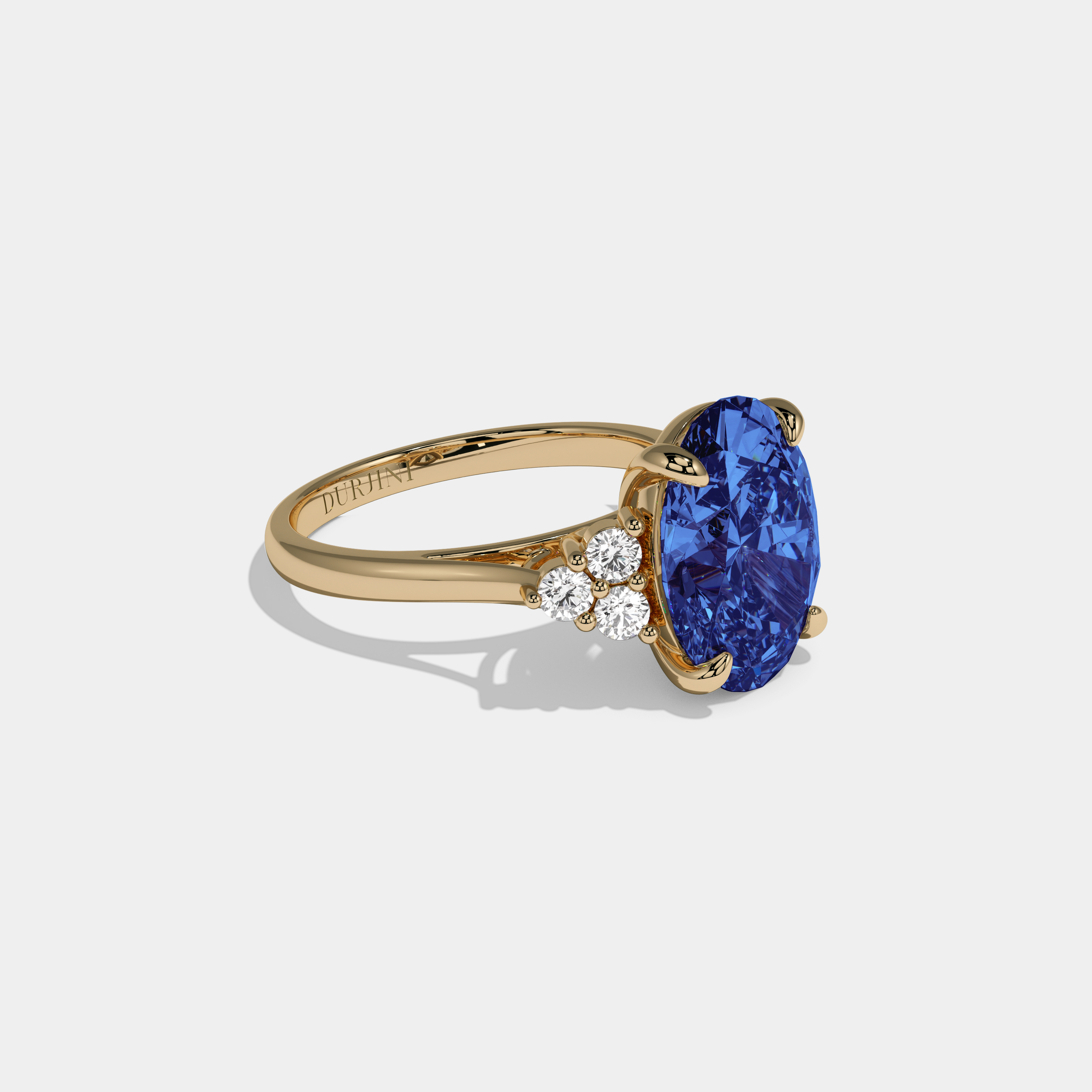 Margaret Fancy Dark Blue Oval Cut Diamond Plain Band Engagement Ring With Round Sides 6ct 18K Yellow Gold
