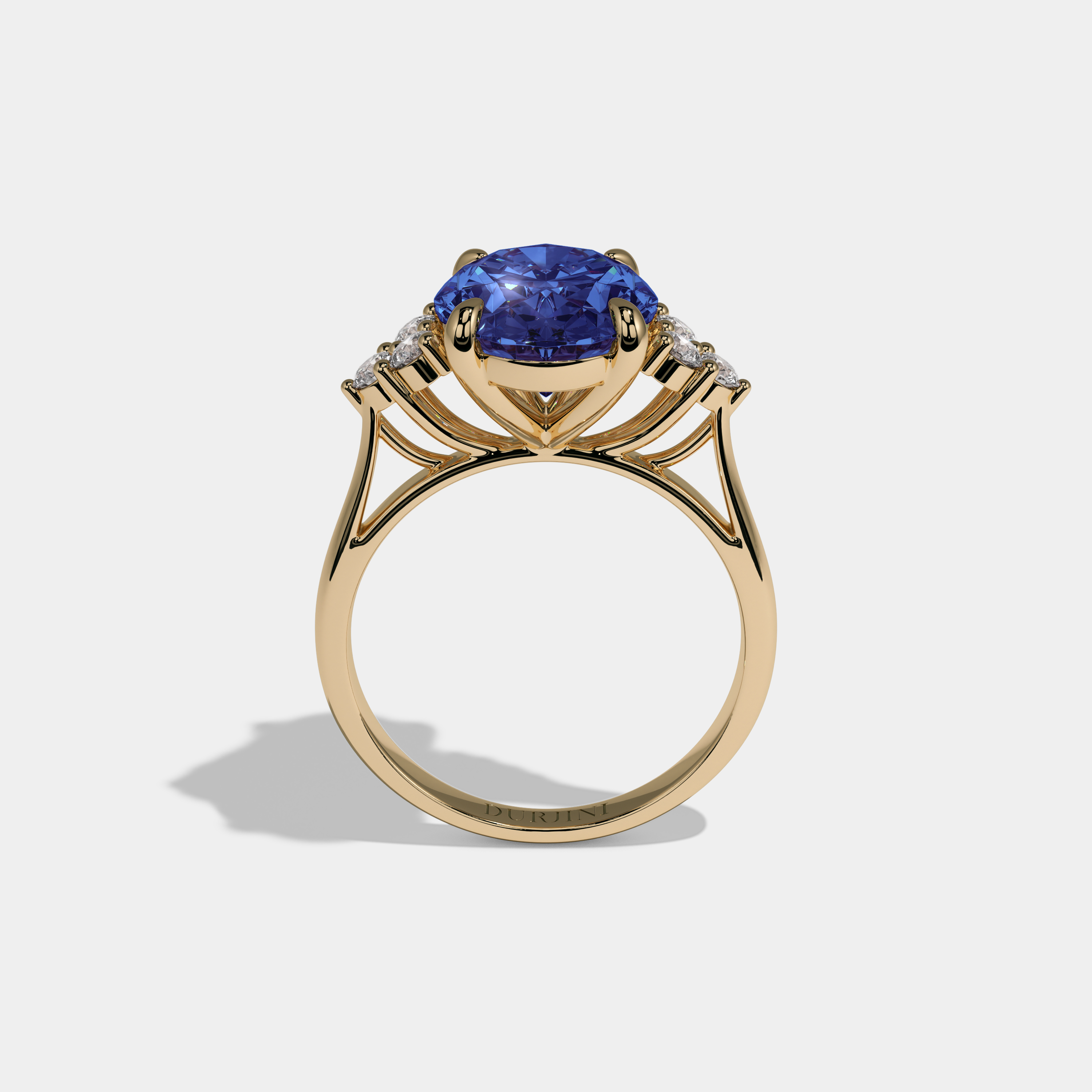 Margaret Fancy Dark Blue Oval Cut Diamond Plain Band Engagement Ring With Round Sides 6ct 18K Yellow Gold