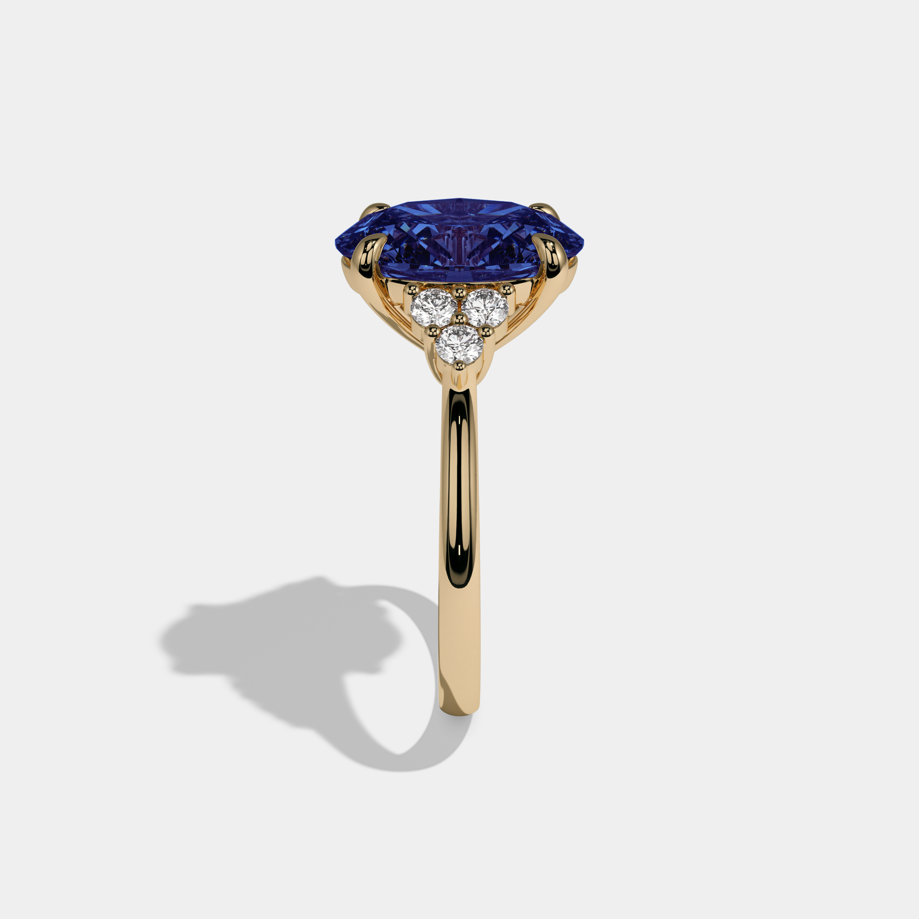 Margaret Fancy Dark Blue Oval Cut Diamond Plain Band Engagement Ring With Round Sides 6ct 18K Yellow Gold