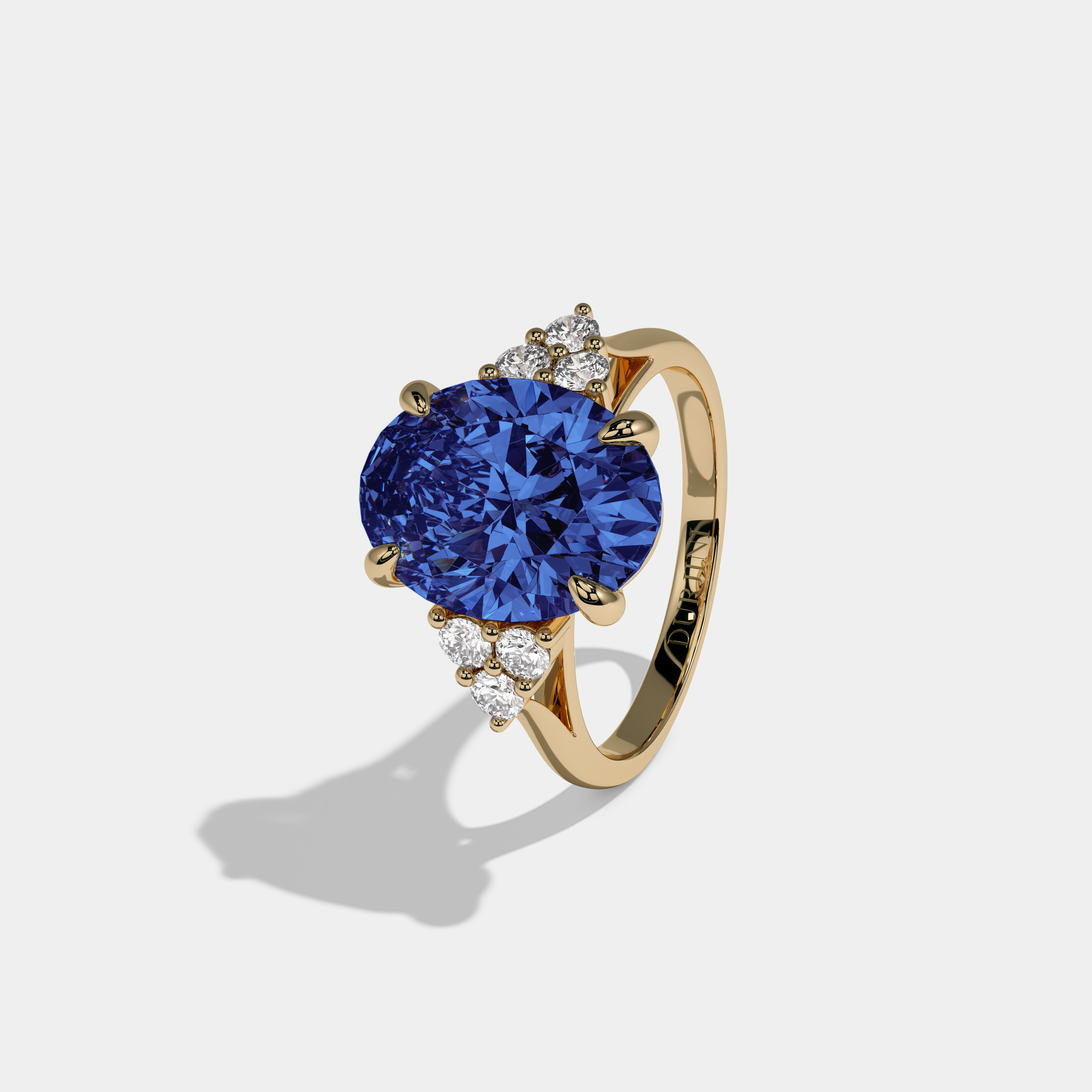 Margaret Fancy Dark Blue Oval Cut Diamond Plain Band Engagement Ring With Round Sides 6ct 18K Yellow Gold