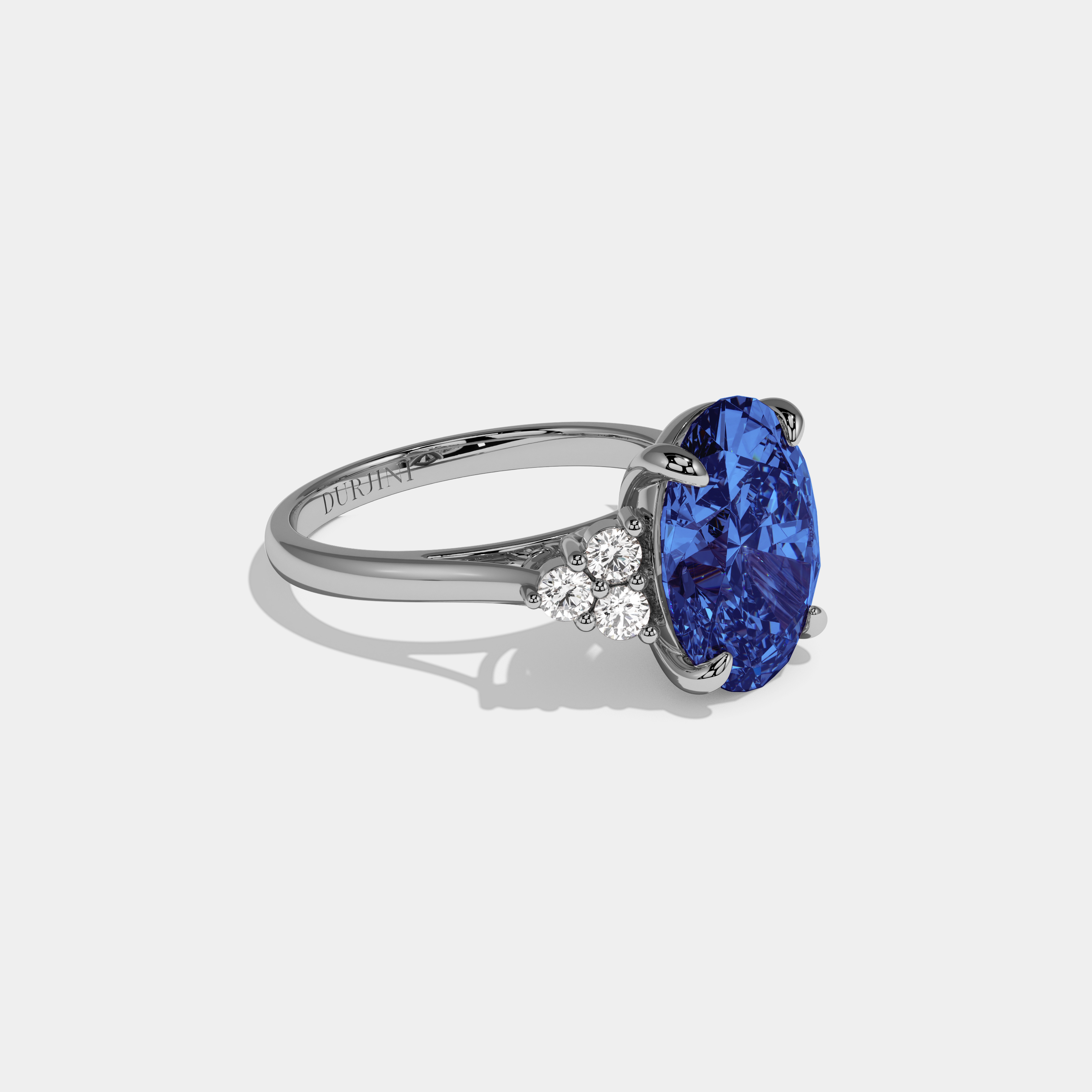 Catherine Fancy Dark Blue Oval Cut Diamond Plain Band Engagement Ring With Round Sides 6ct 18K White Gold