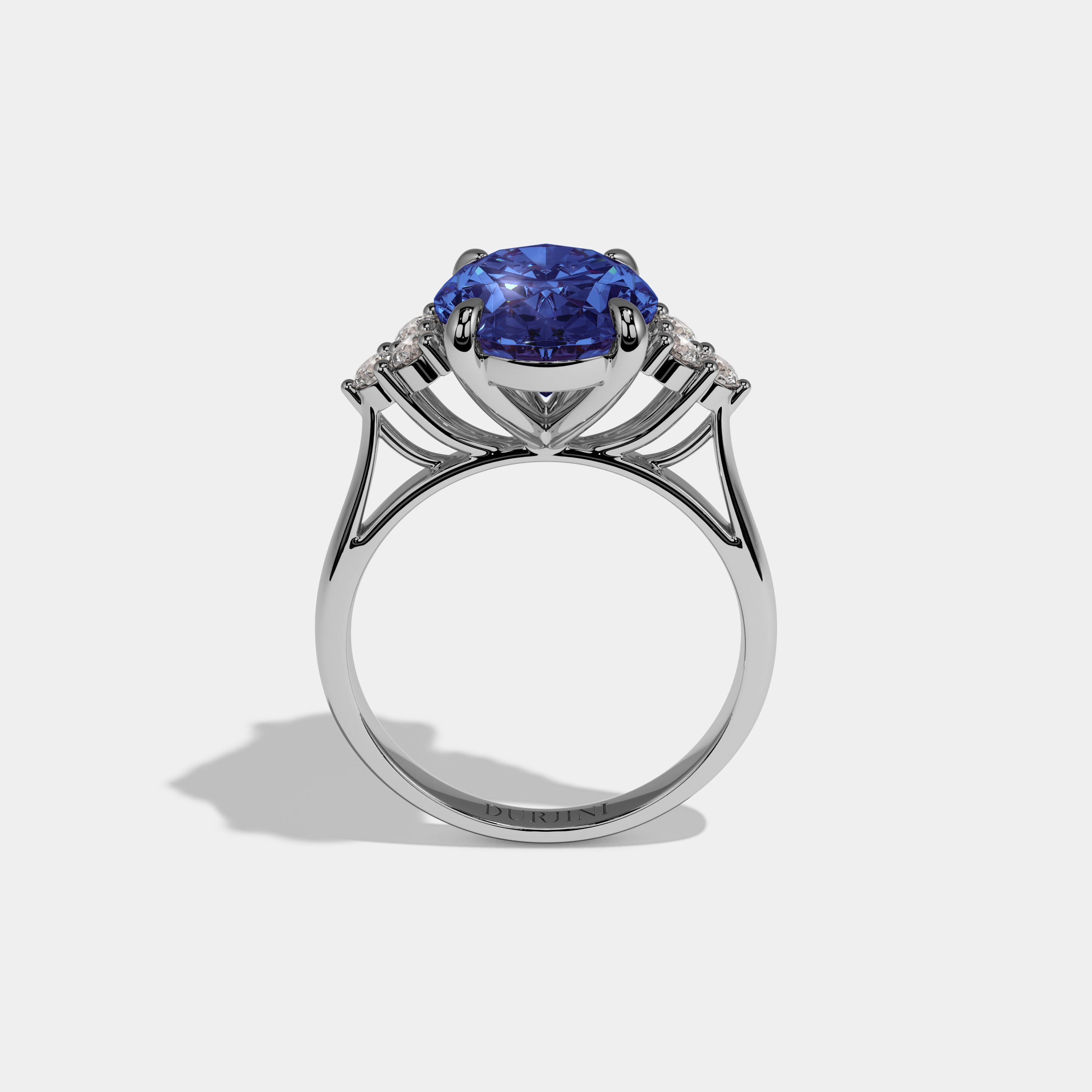 Catherine Fancy Dark Blue Oval Cut Diamond Plain Band Engagement Ring With Round Sides 6ct 18K White Gold
