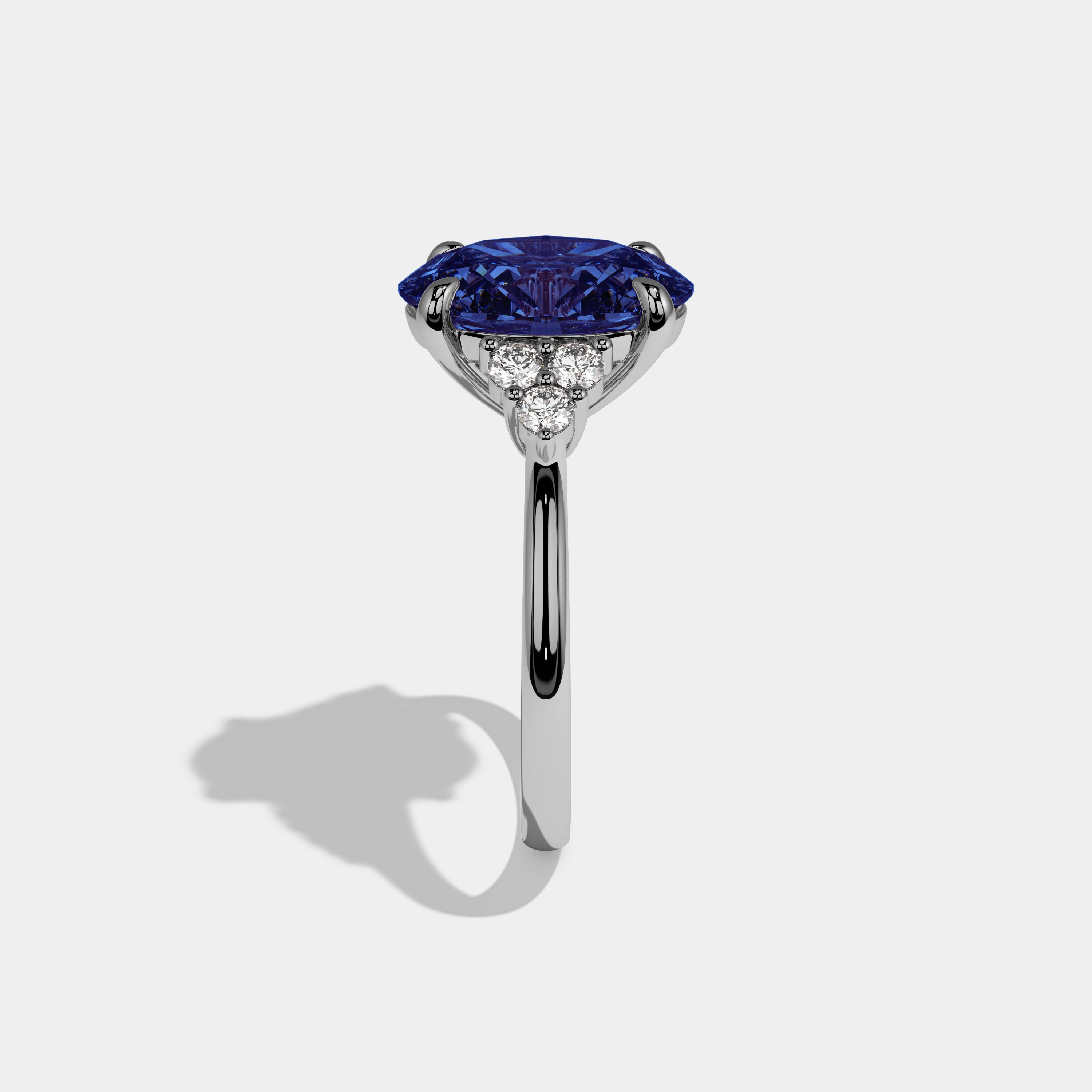 Catherine Fancy Dark Blue Oval Cut Diamond Plain Band Engagement Ring With Round Sides 6ct 18K White Gold