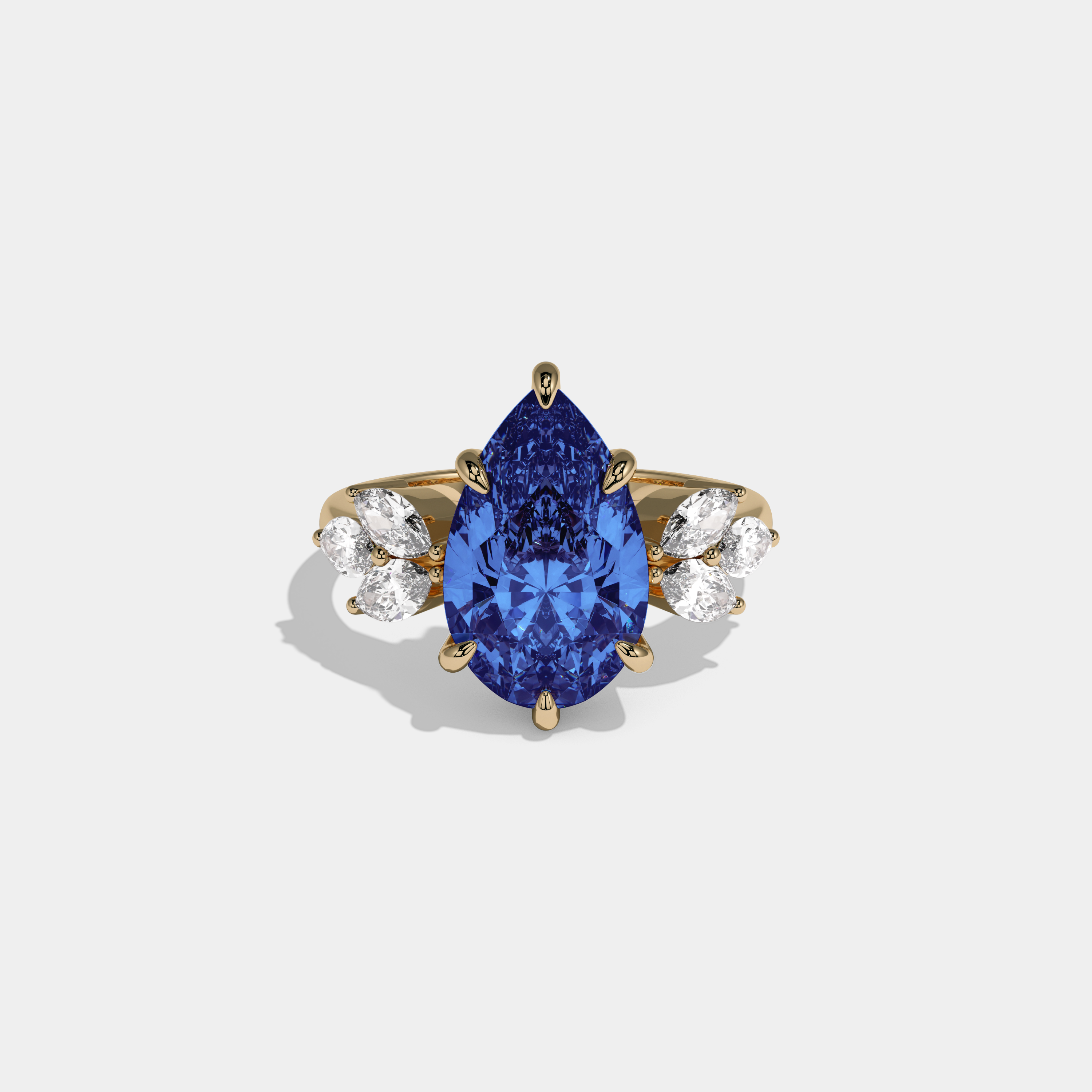 Augusta Fancy Dark Blue Pear Cut Diamond Plain Band With Marquise Cut Sides Engagement Ring 7ct 18K Yellow Gold