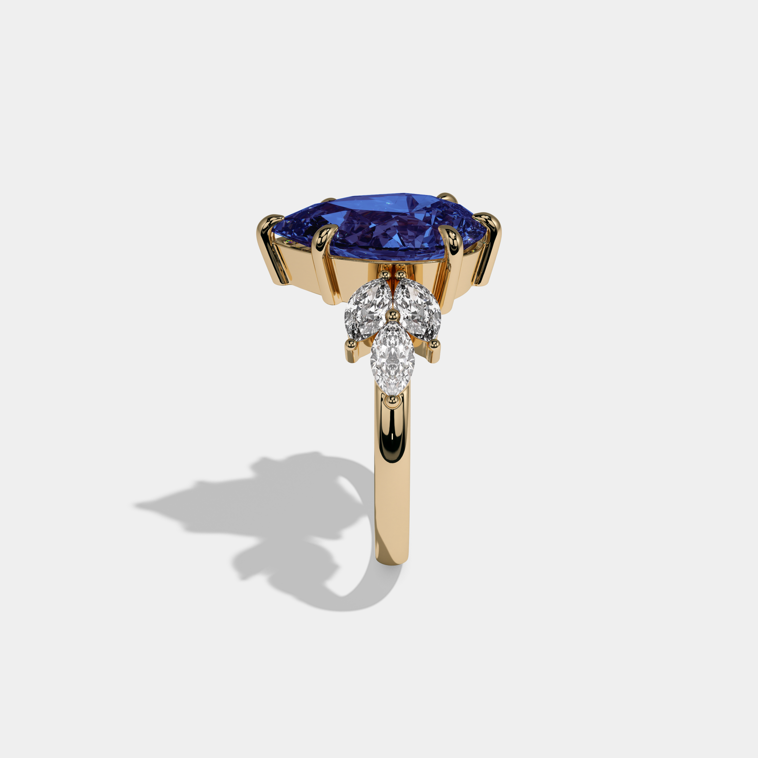 Augusta Fancy Dark Blue Pear Cut Diamond Plain Band With Marquise Cut Sides Engagement Ring 7ct 18K Yellow Gold