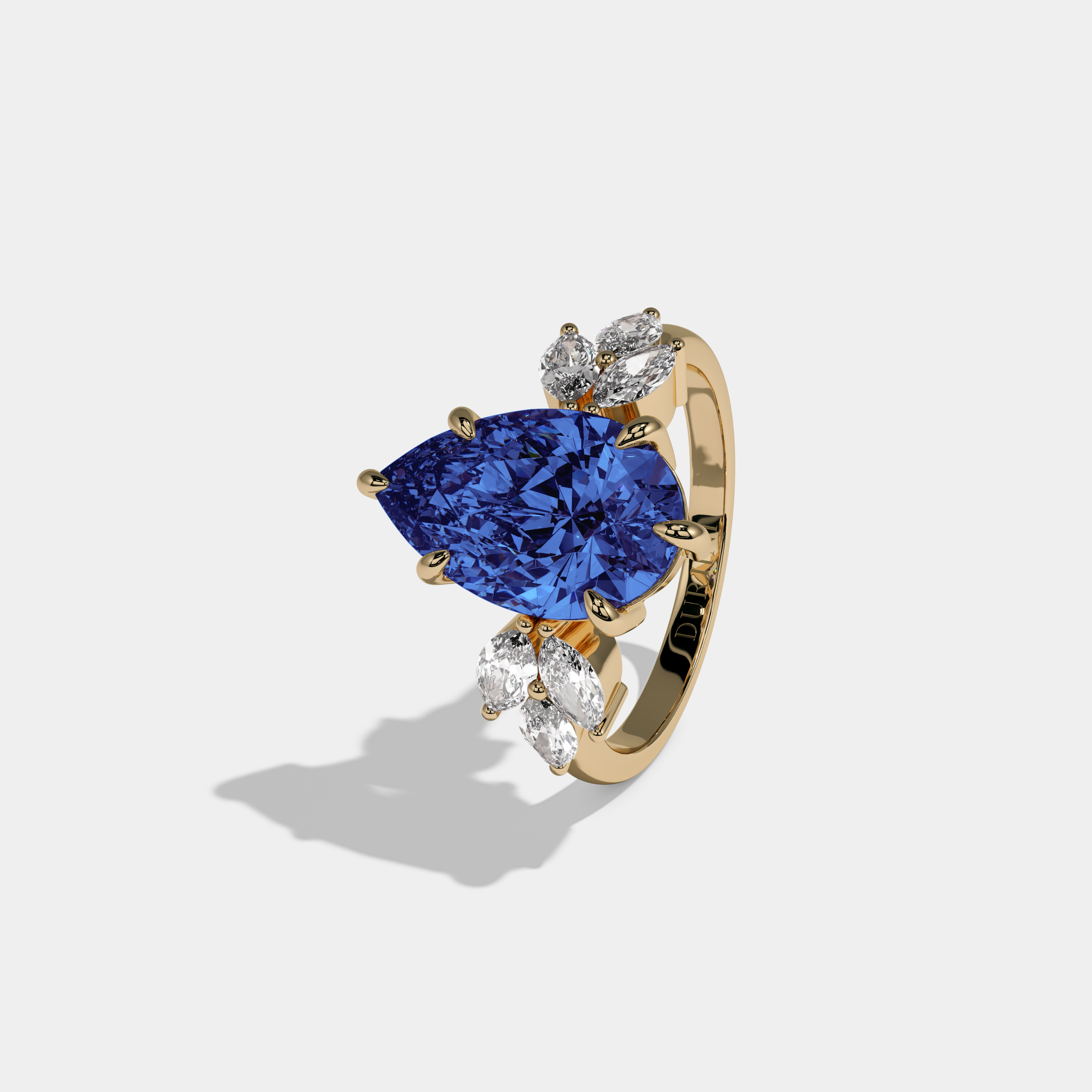 Augusta Fancy Dark Blue Pear Cut Diamond Plain Band With Marquise Cut Sides Engagement Ring 7ct 18K Yellow Gold