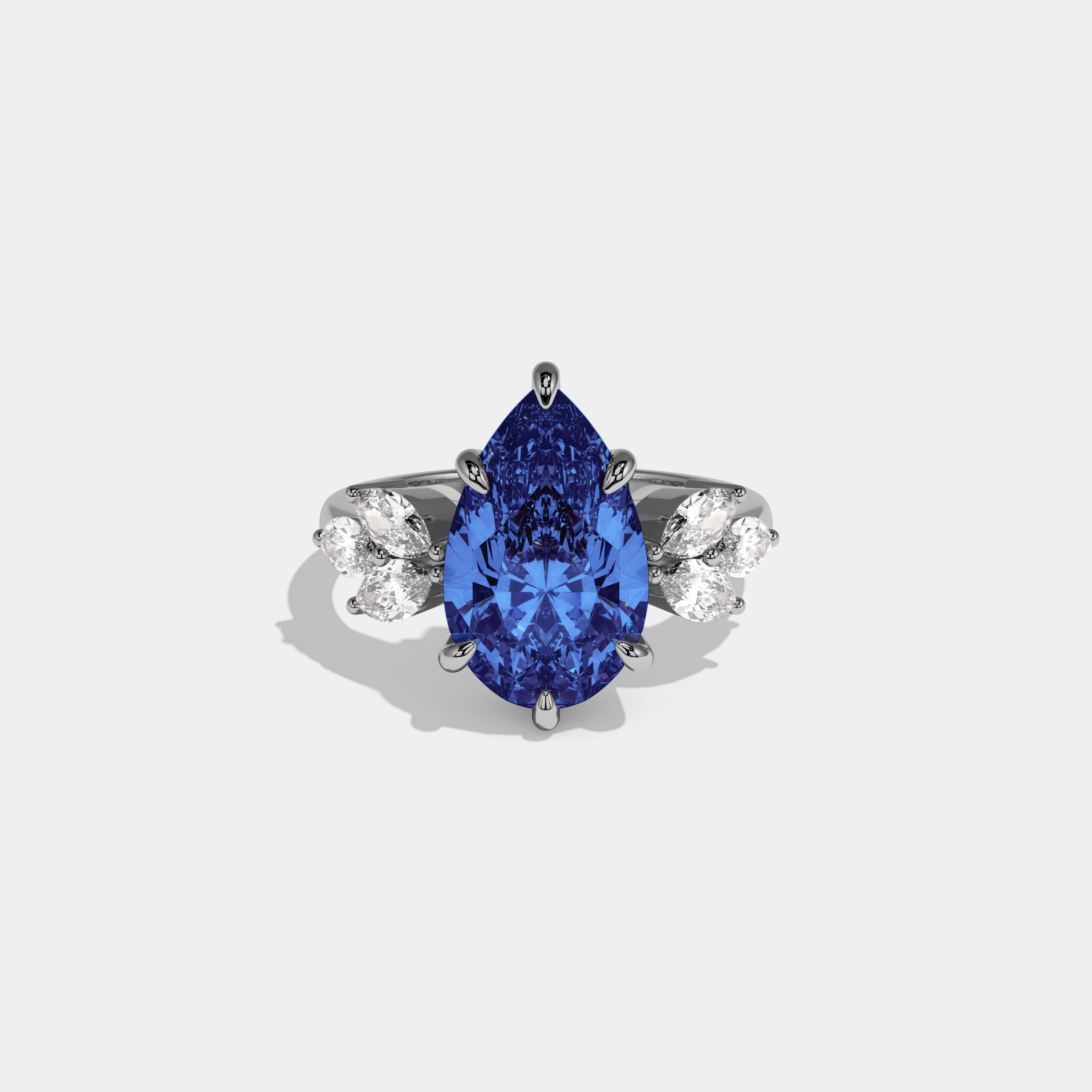 Louise Fancy Dark Blue Pear Cut Diamond Plain Band With Marquise Cut Sides Engagement Ring 7ct 18K White Gold