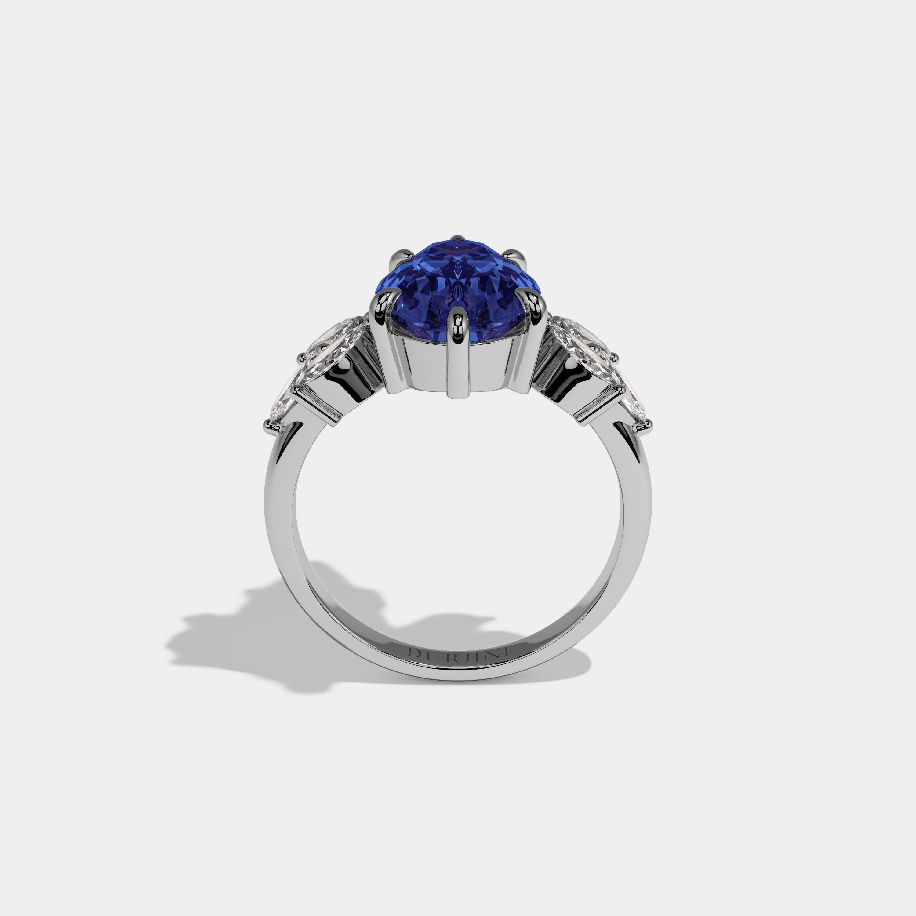 Louise Fancy Dark Blue Pear Cut Diamond Plain Band With Marquise Cut Sides Engagement Ring 7ct 18K White Gold
