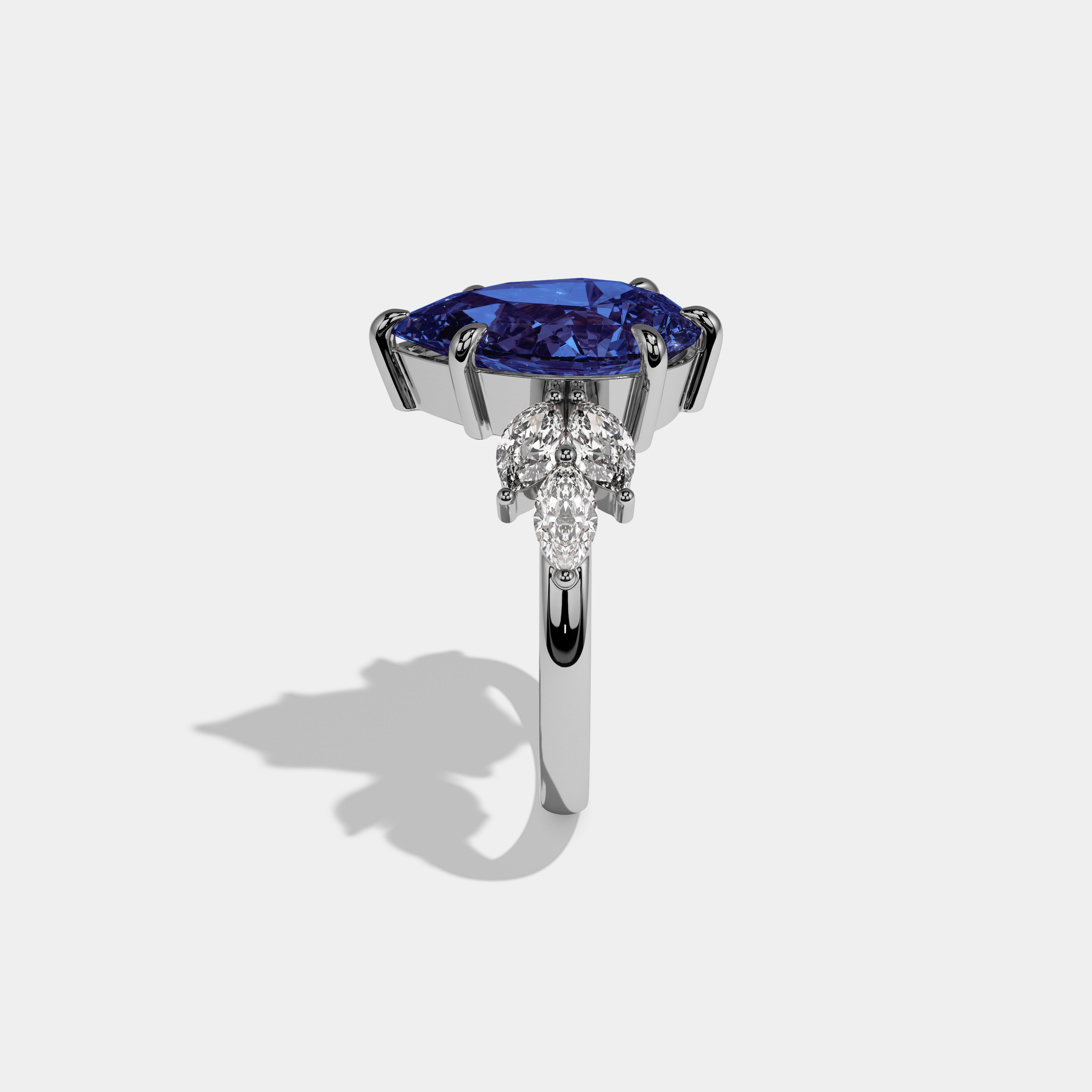 Louise Fancy Dark Blue Pear Cut Diamond Plain Band With Marquise Cut Sides Engagement Ring 7ct 18K White Gold