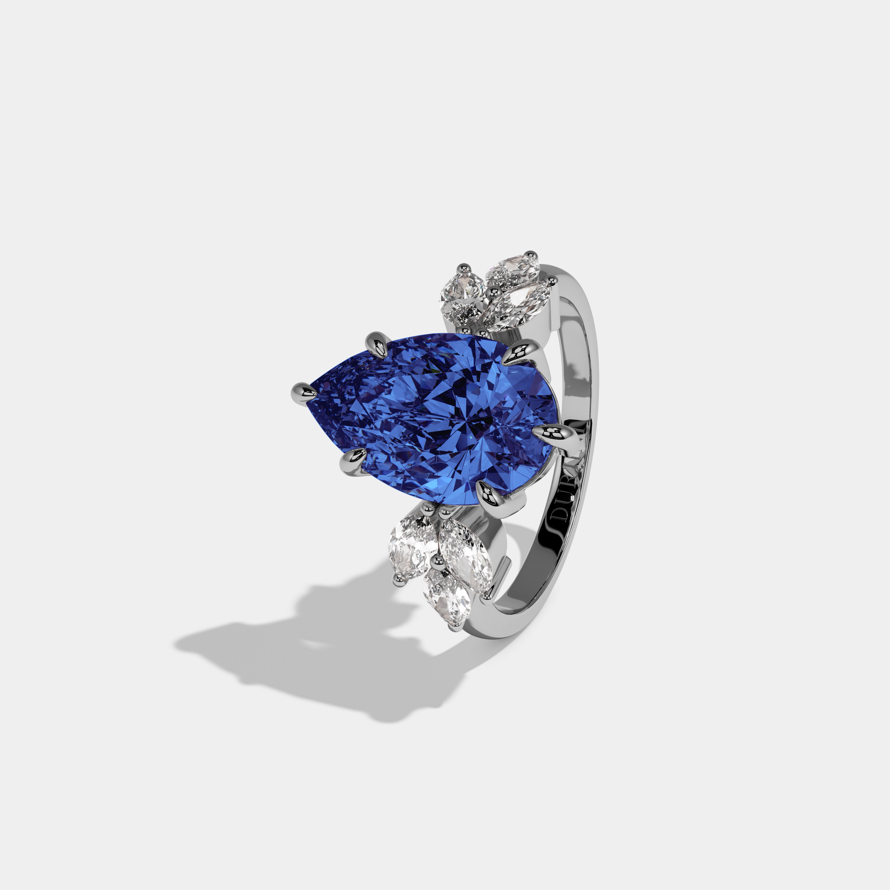 Louise Fancy Dark Blue Pear Cut Diamond Plain Band With Marquise Cut Sides Engagement Ring 7ct 18K White Gold