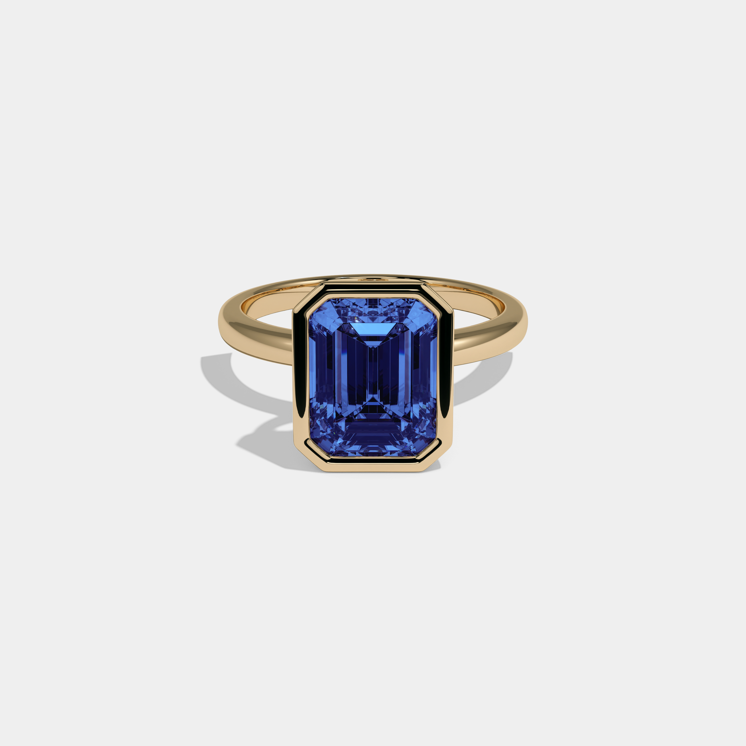 Augusta Fancy Dark Blue Emerald Cut Diamond Plain Band Bezel Engagement Ring 5ct 18K Yellow Gold