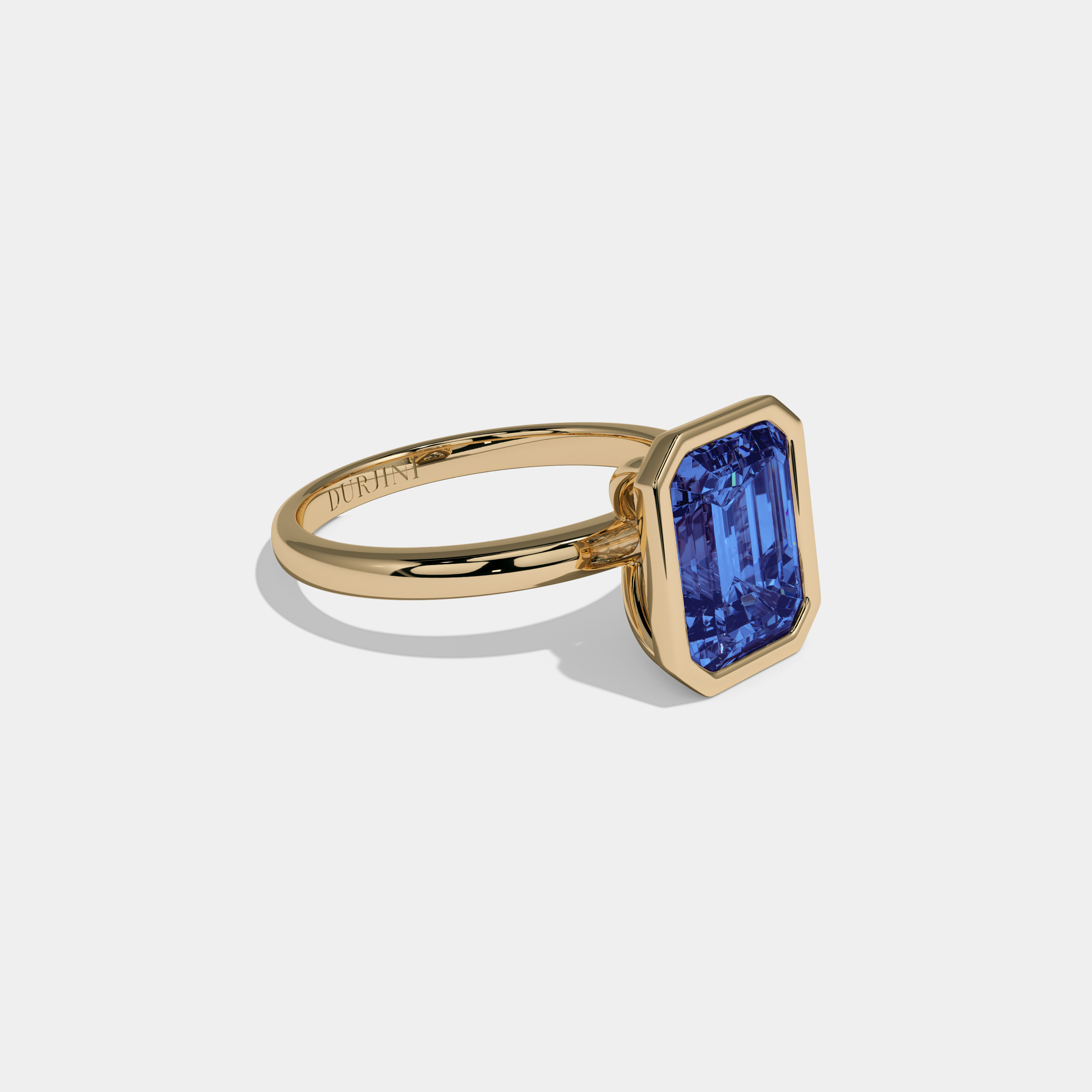 Augusta Fancy Dark Blue Emerald Cut Diamond Plain Band Bezel Engagement Ring 5ct 18K Yellow Gold