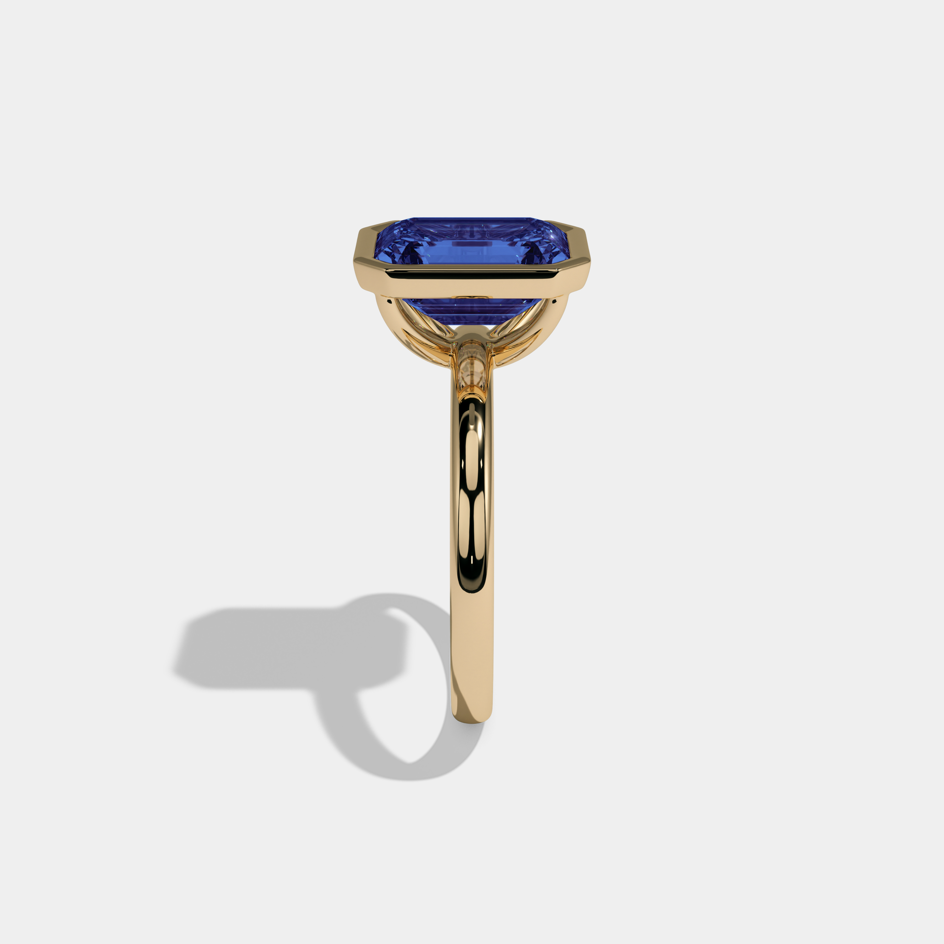 Augusta Fancy Dark Blue Emerald Cut Diamond Plain Band Bezel Engagement Ring 5ct 18K Yellow Gold