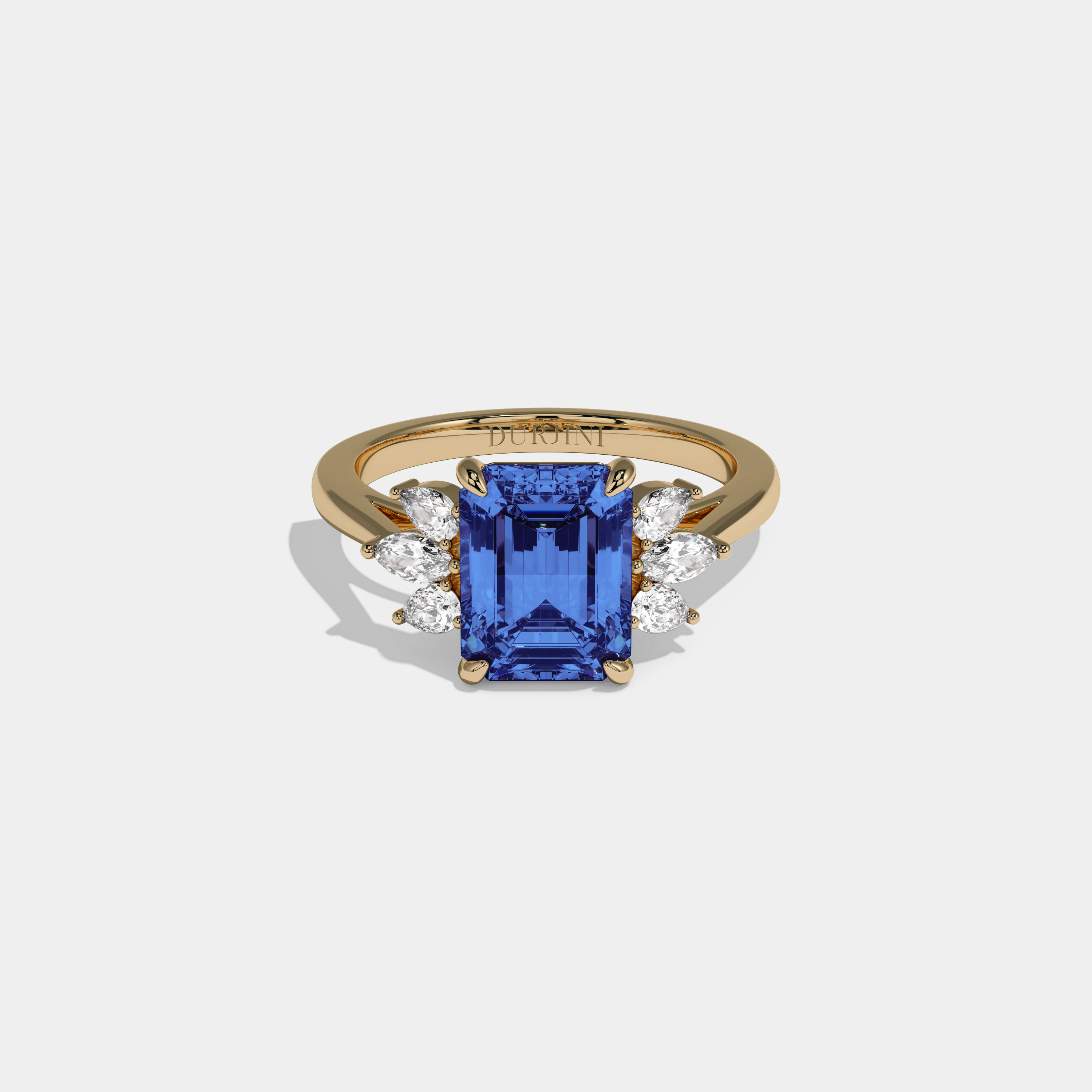 Mary Fancy Dark Blue Emerald Cut Diamond Plain Band With Marquise Cut Sides Engagement Ring 6ct 18K Yellow Gold