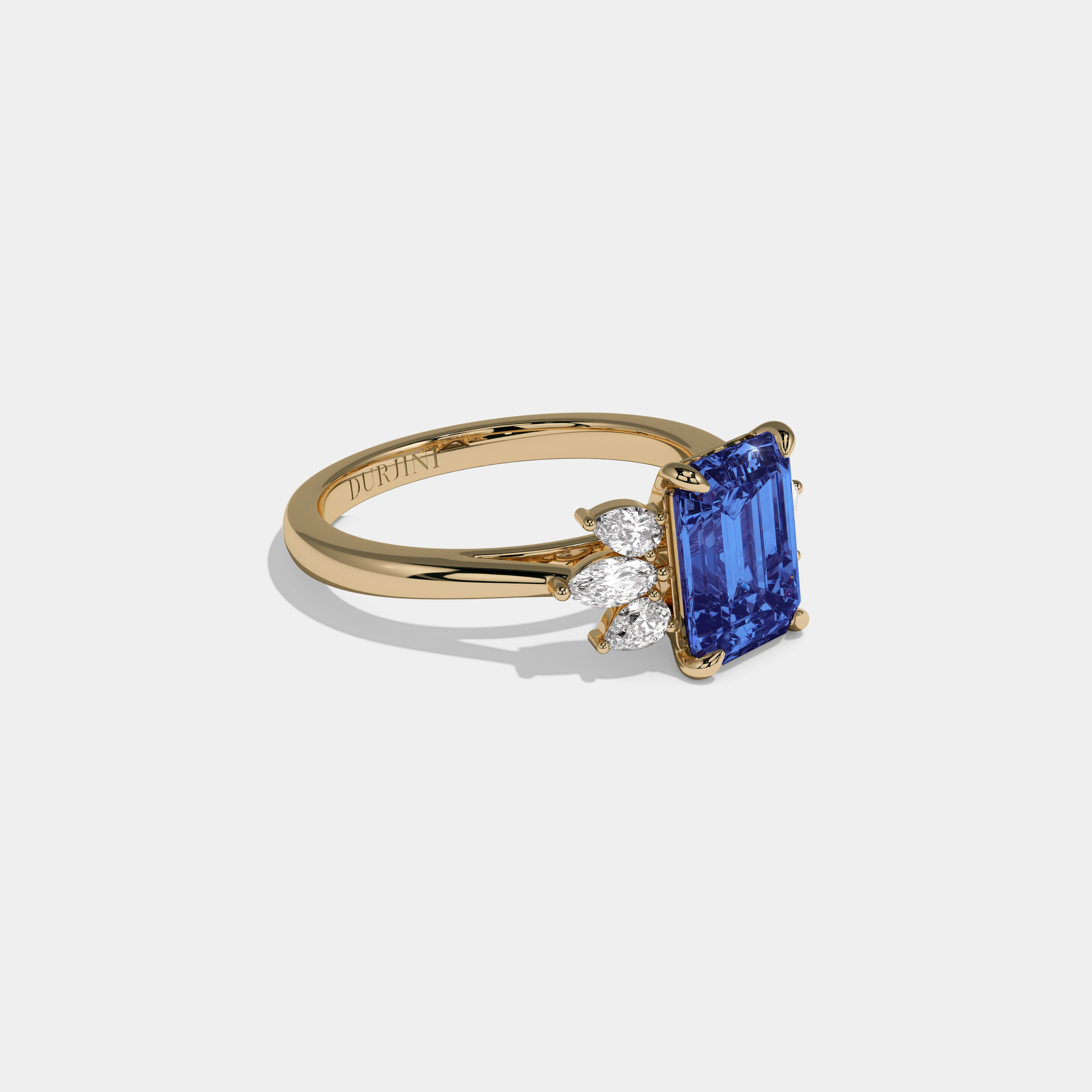 Mary Fancy Dark Blue Emerald Cut Diamond Plain Band With Marquise Cut Sides Engagement Ring 6ct 18K Yellow Gold