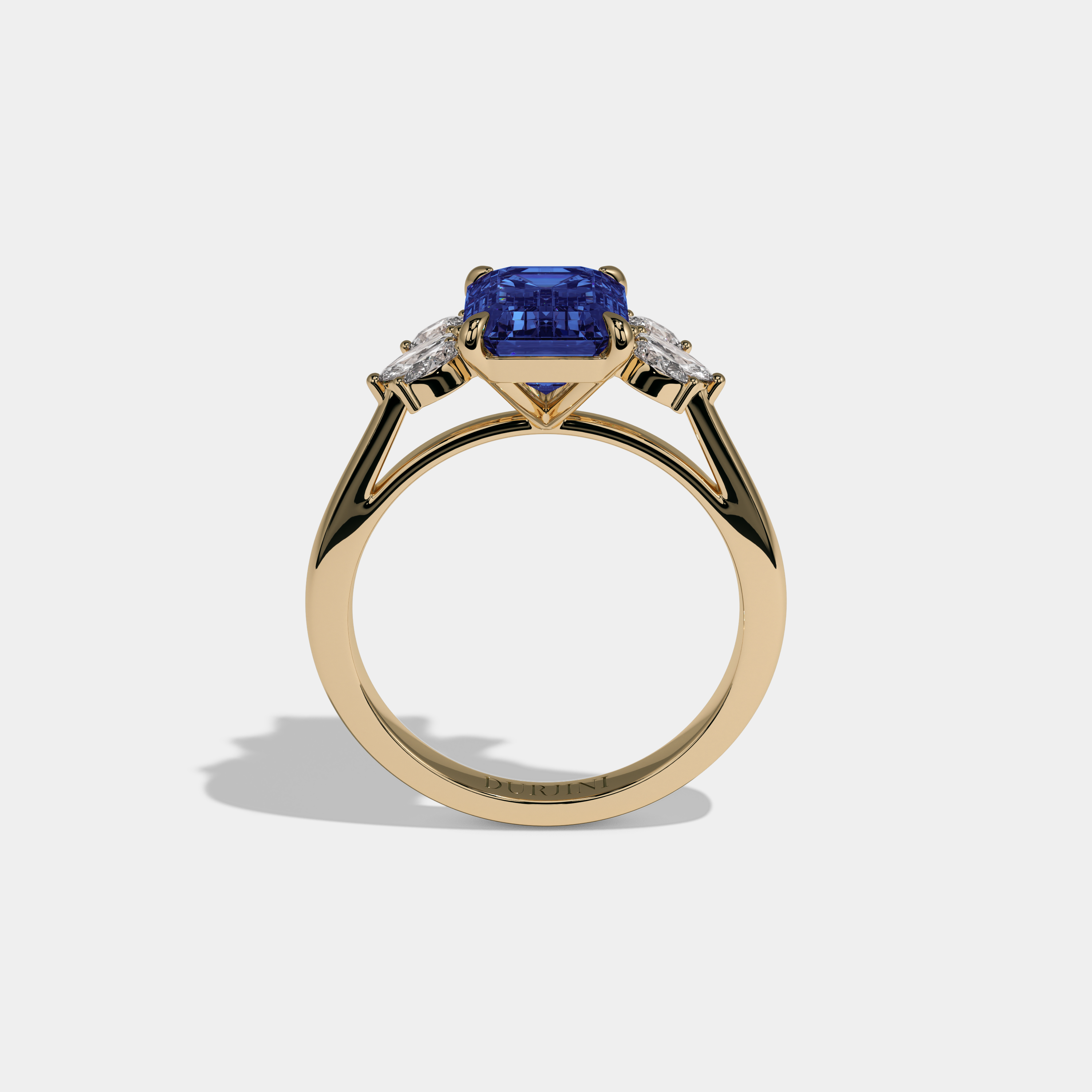 Mary Fancy Dark Blue Emerald Cut Diamond Plain Band With Marquise Cut Sides Engagement Ring 6ct 18K Yellow Gold