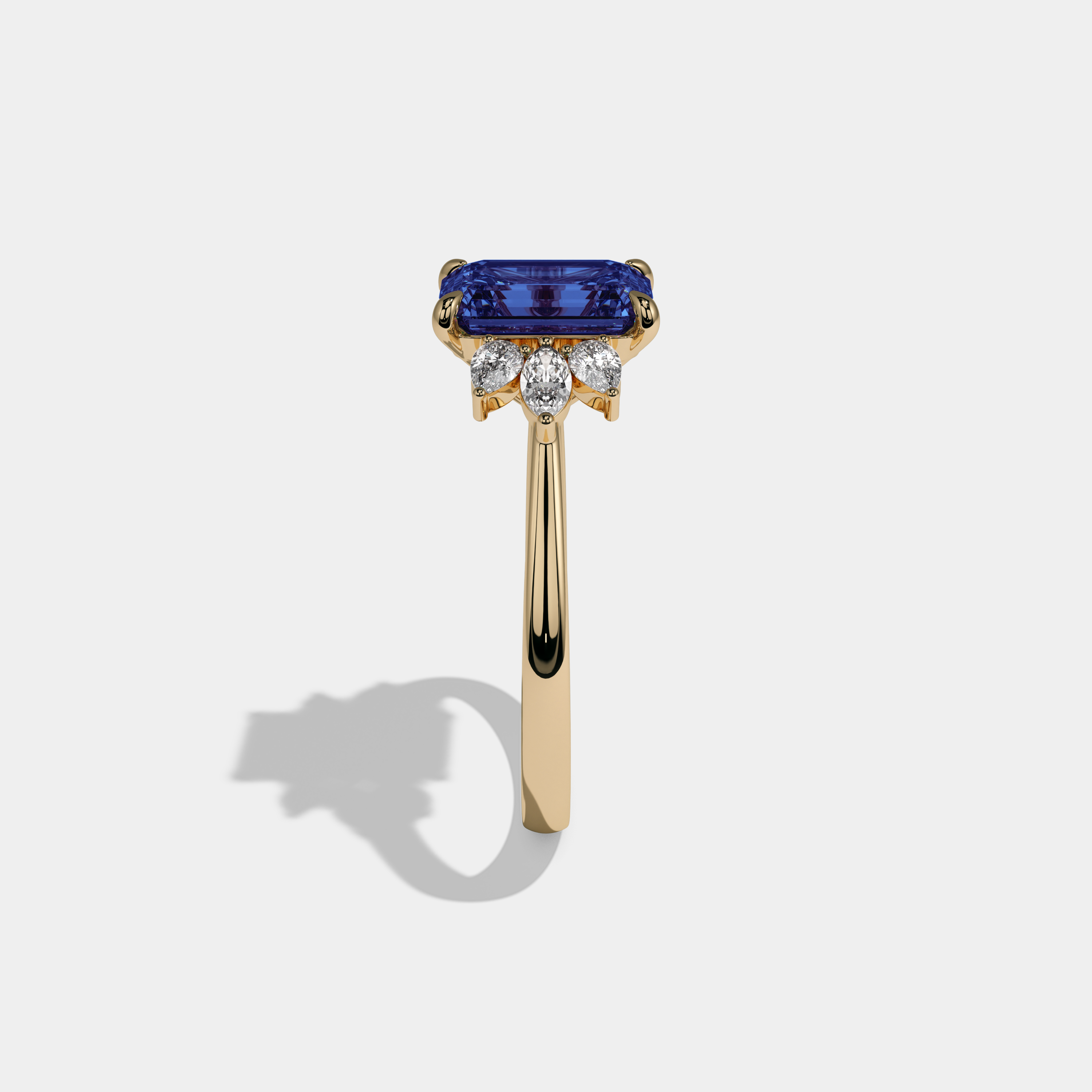 Mary Fancy Dark Blue Emerald Cut Diamond Plain Band With Marquise Cut Sides Engagement Ring 6ct 18K Yellow Gold