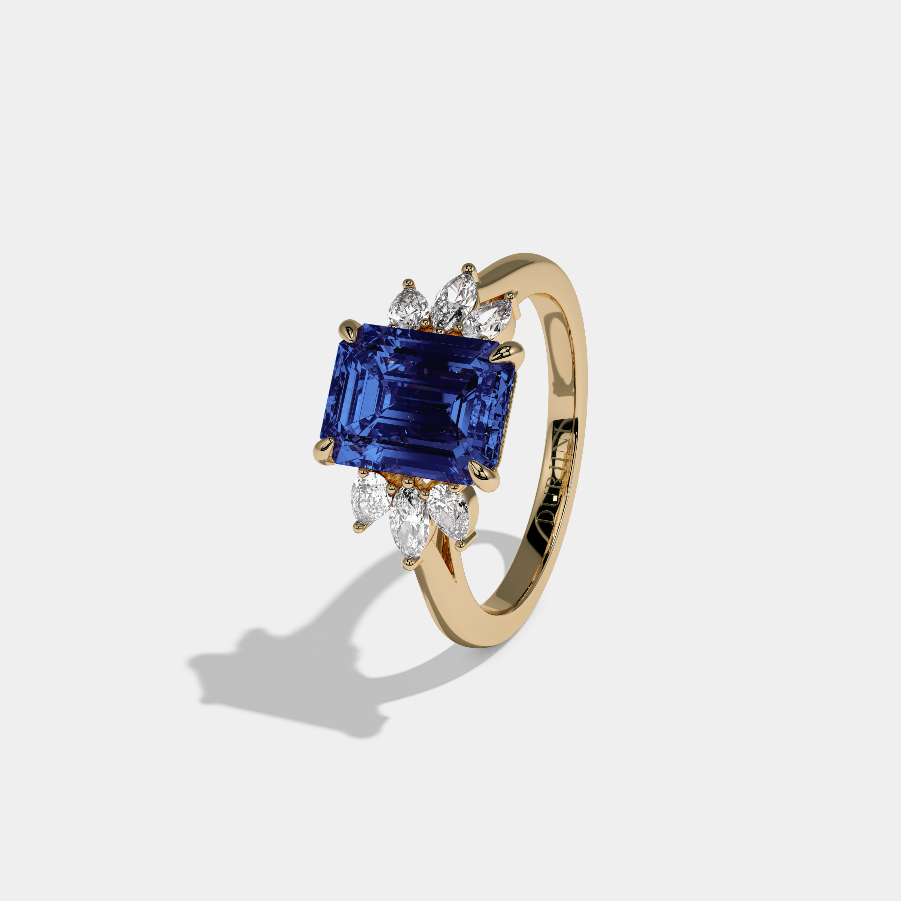 Mary Fancy Dark Blue Emerald Cut Diamond Plain Band With Marquise Cut Sides Engagement Ring 6ct 18K Yellow Gold