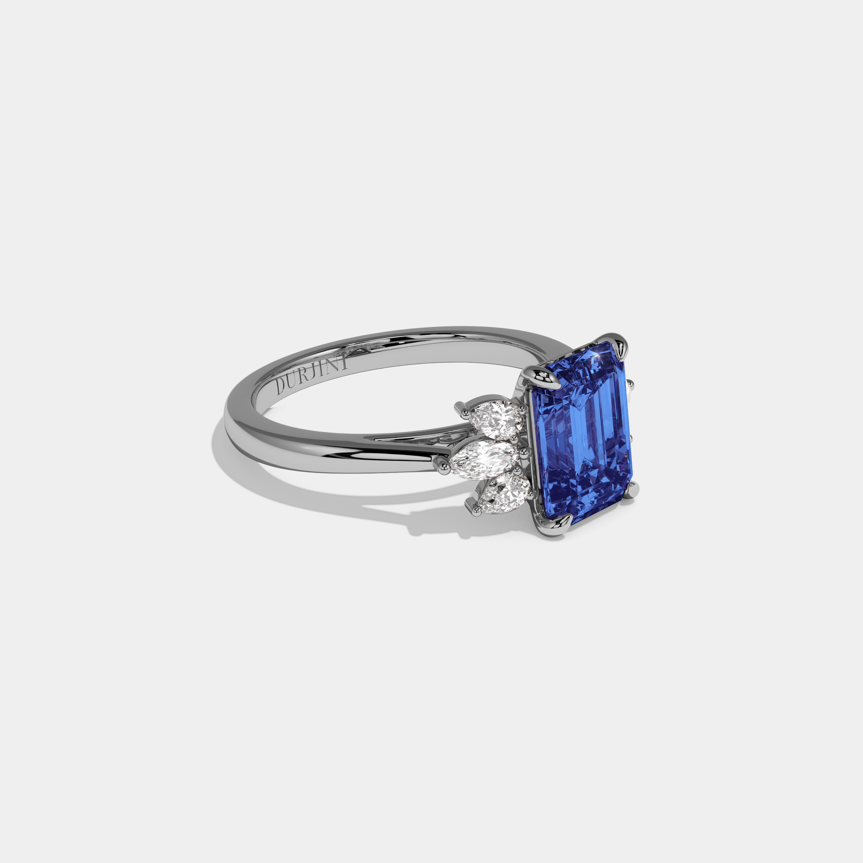 Matilda Fancy Dark Blue Emerald Cut Diamond Plain Band With Marquise Cut Sides Engagement Ring 6ct 18K White Gold