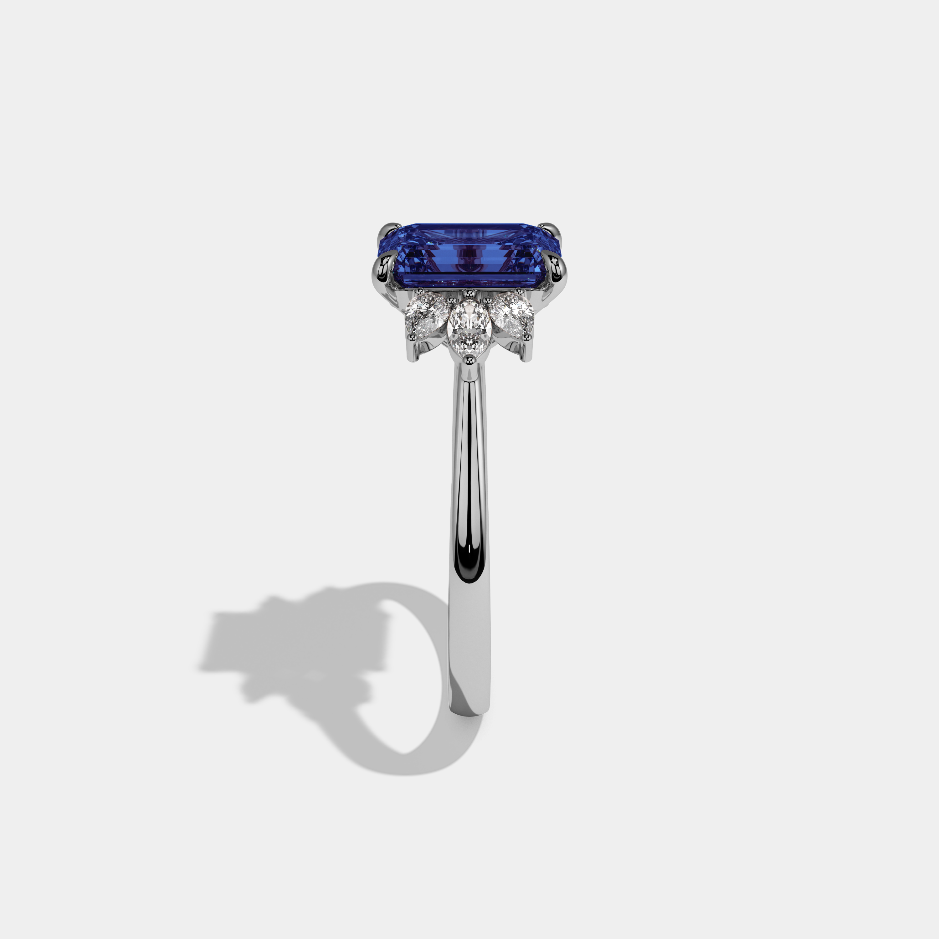 Matilda Fancy Dark Blue Emerald Cut Diamond Plain Band With Marquise Cut Sides Engagement Ring 6ct 18K White Gold