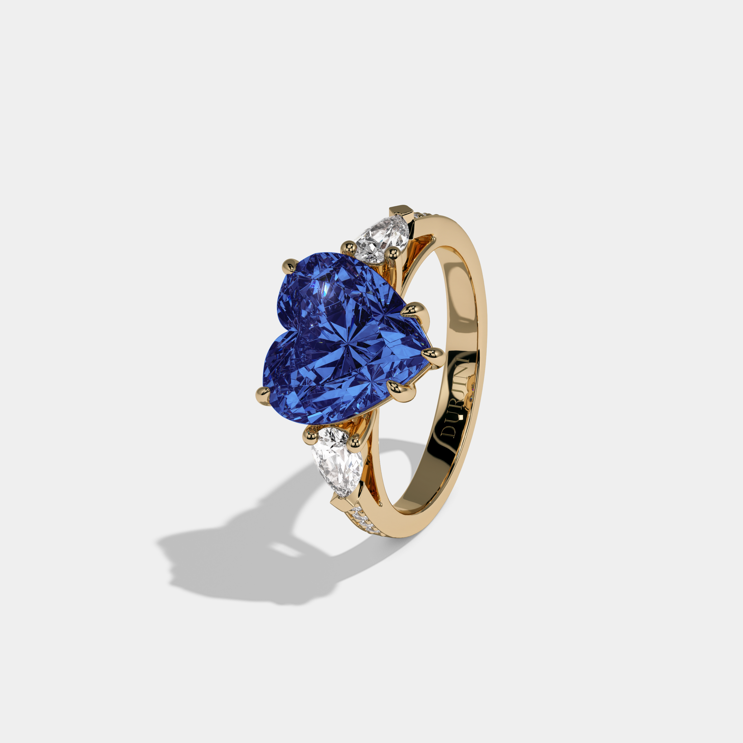 Mary Fancy Dark Blue Heart Brilliant Cut Diamond Band With Pear Sides Engagement Ring 7ct 18K Yellow Gold