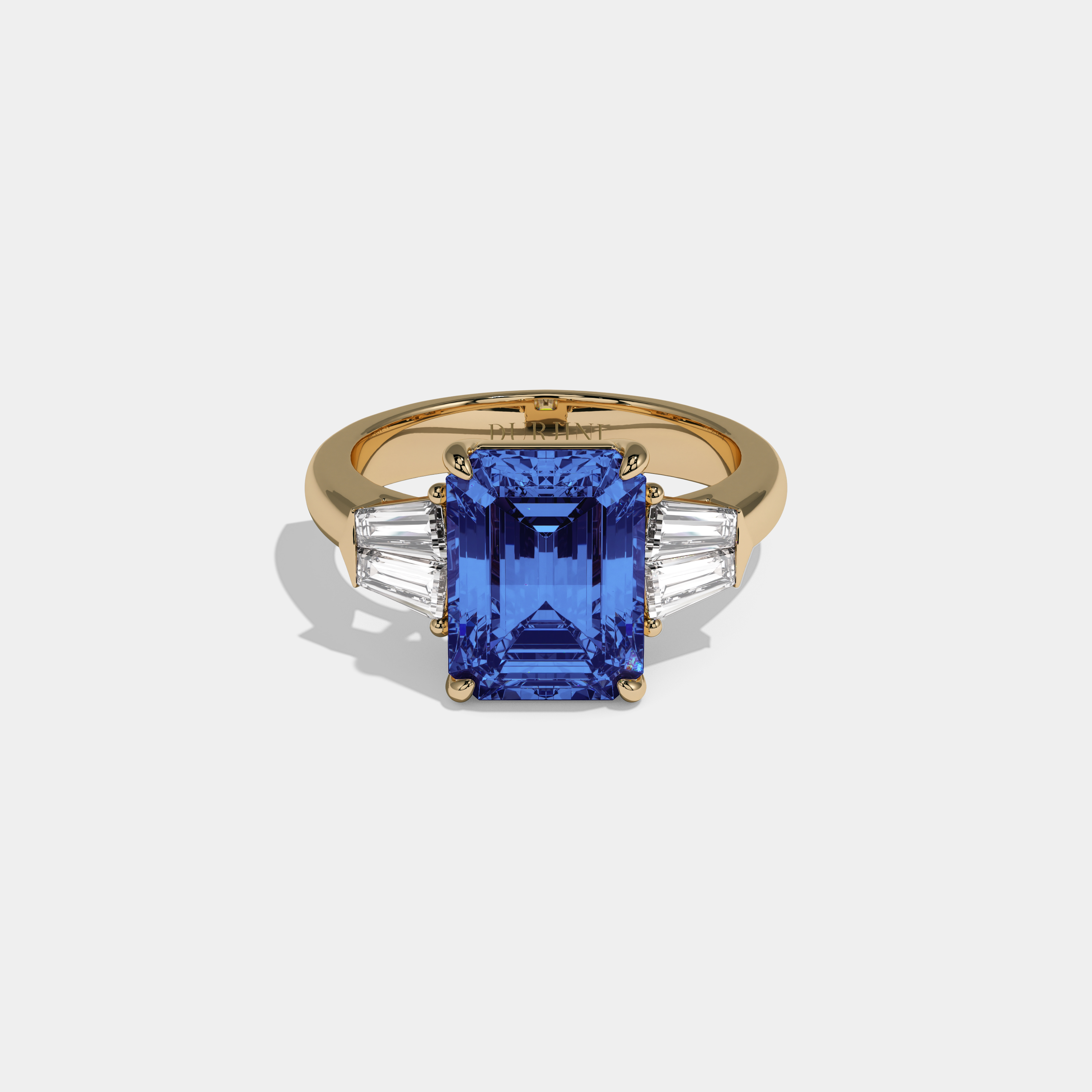 Mary Fancy Dark Blue Emerald Cut Diamond Plain Band With Baguette Sides Engagement Ring 6ct 18K Yellow Gold