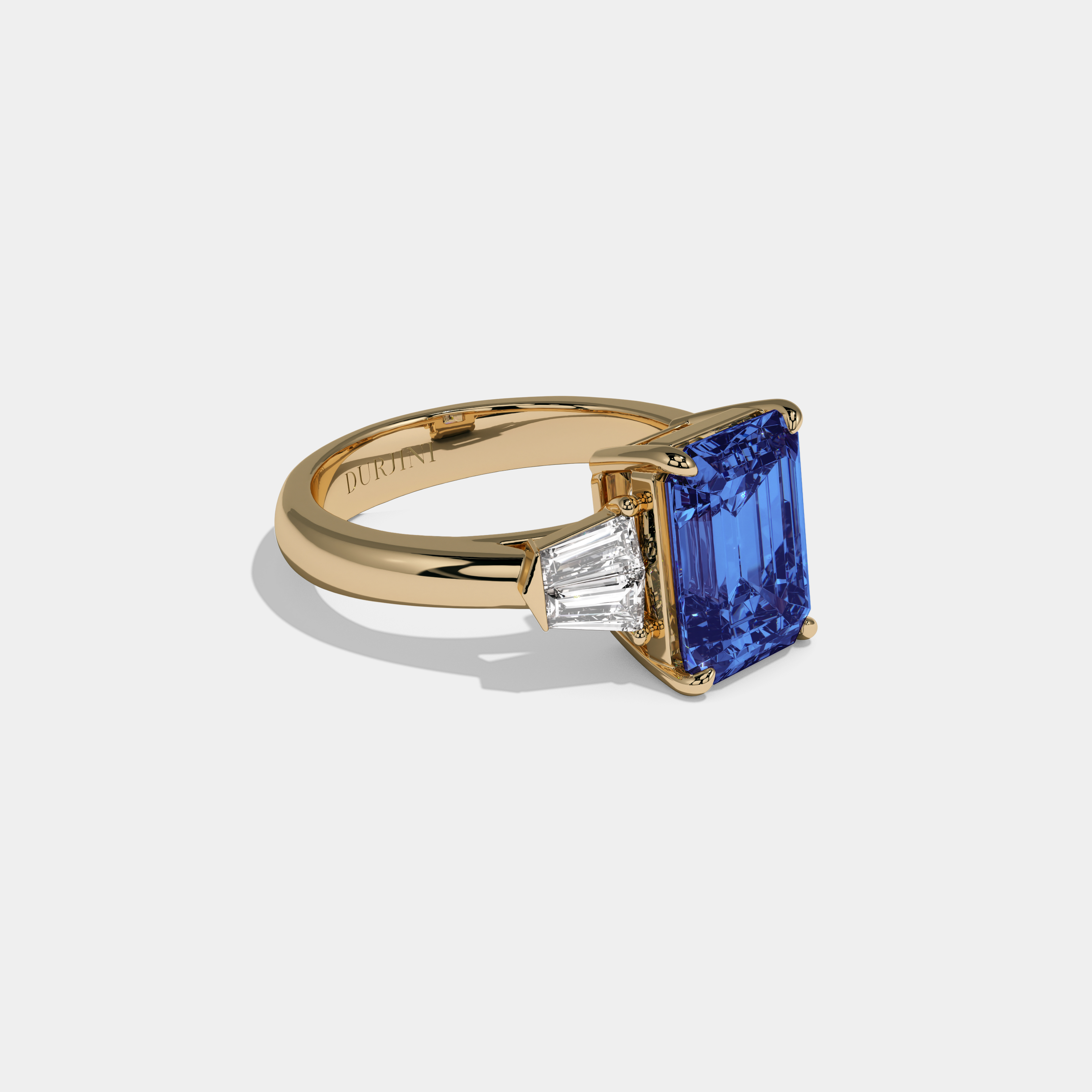Mary Fancy Dark Blue Emerald Cut Diamond Plain Band With Baguette Sides Engagement Ring 6ct 18K Yellow Gold