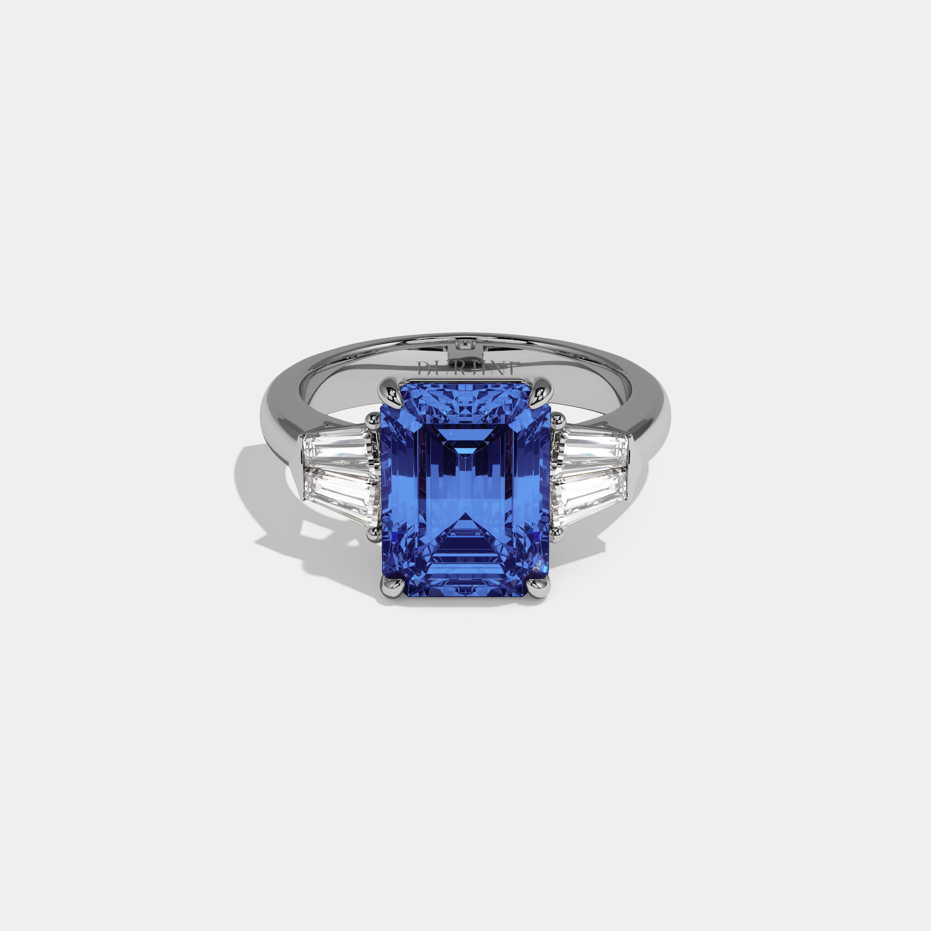 Sophia Fancy Dark Blue Emerald Cut Diamond Plain Band With Baguette Sides Engagement Ring 6ct 18K White Gold
