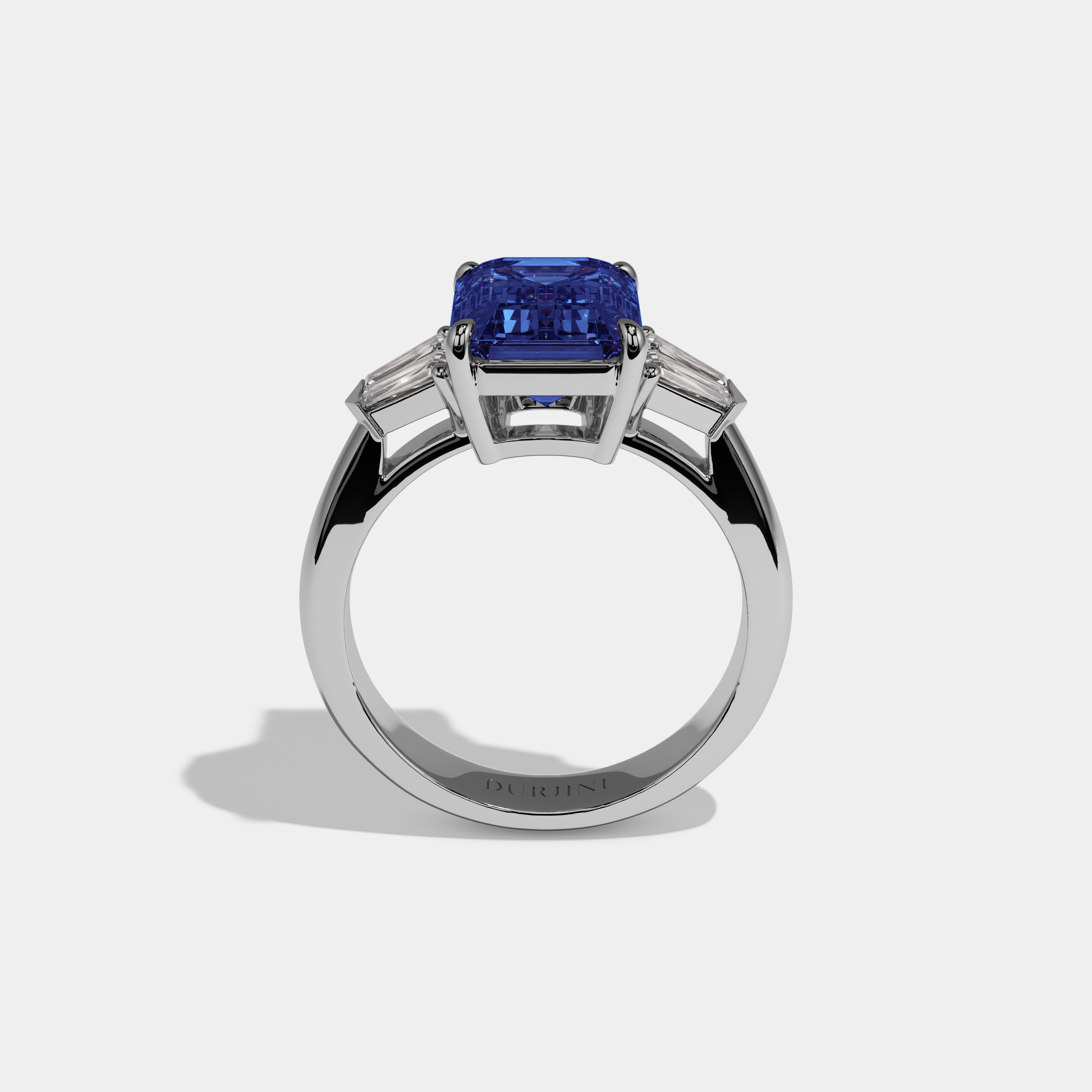 Sophia Fancy Dark Blue Emerald Cut Diamond Plain Band With Baguette Sides Engagement Ring 6ct 18K White Gold