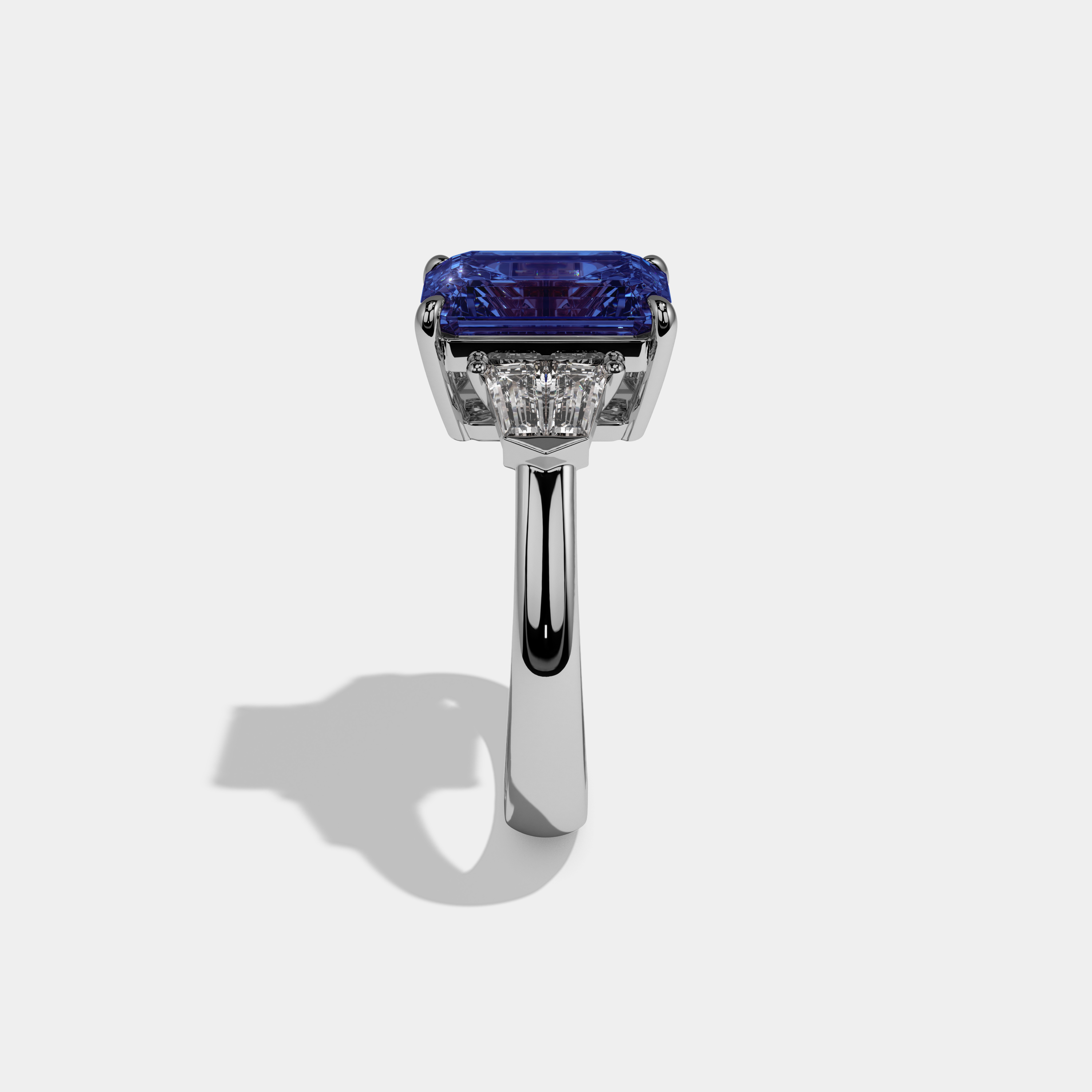 Sophia Fancy Dark Blue Emerald Cut Diamond Plain Band With Baguette Sides Engagement Ring 6ct 18K White Gold