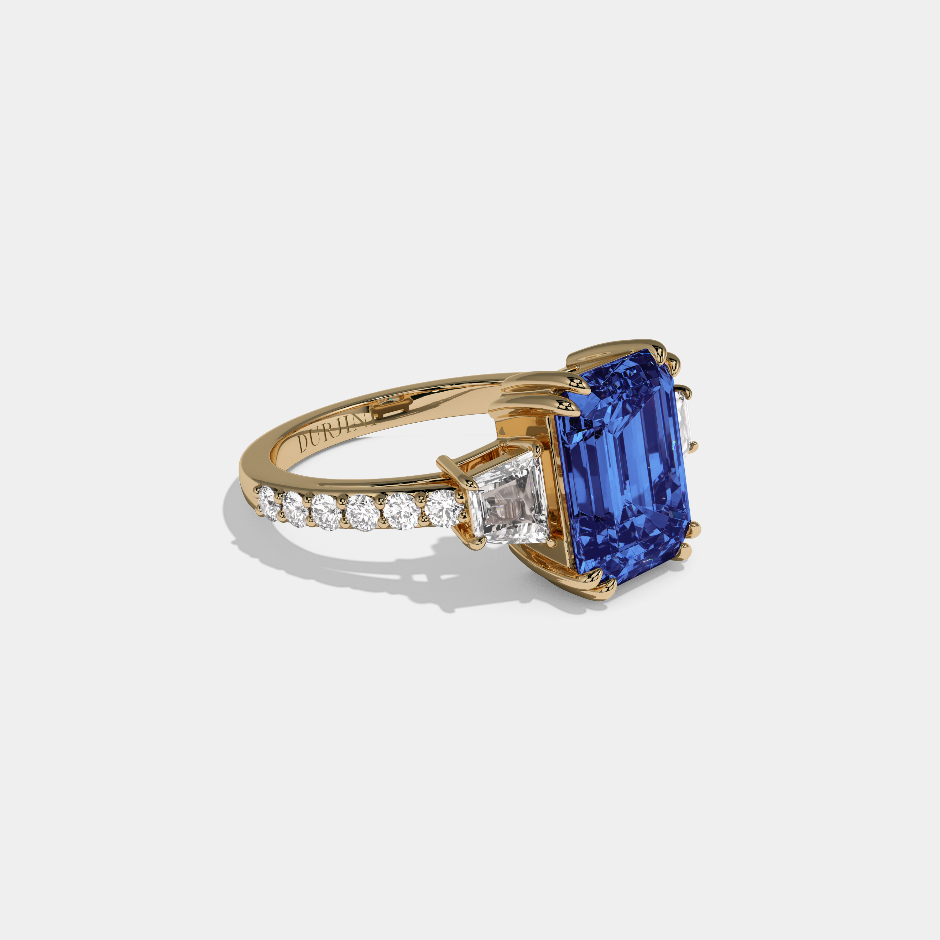 Augusta Fancy Dark Blue Emerald Cut Diamond Band With Step Cut Sides Engagement Ring 7ct 18K Yellow Gold