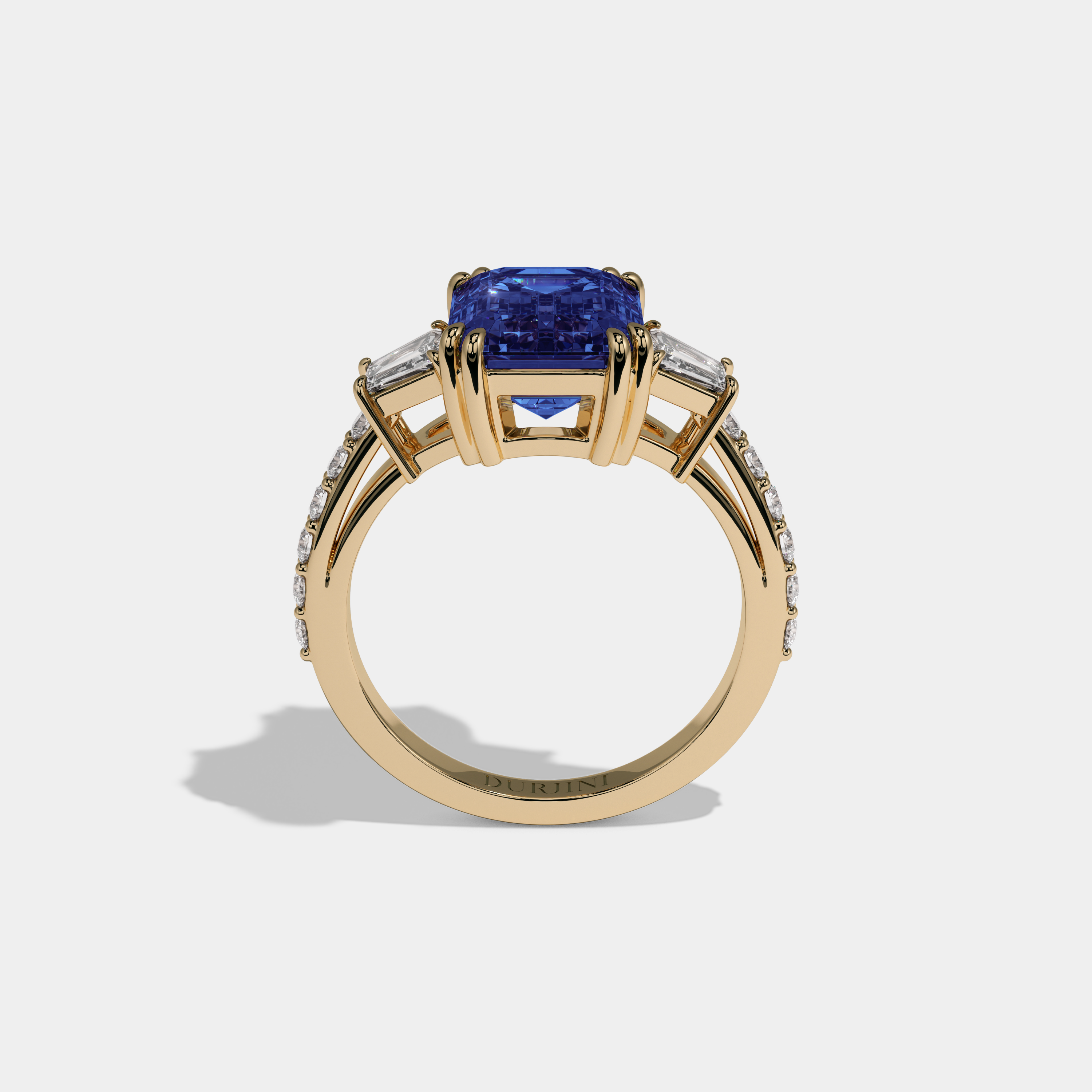 Augusta Fancy Dark Blue Emerald Cut Diamond Band With Step Cut Sides Engagement Ring 7ct 18K Yellow Gold