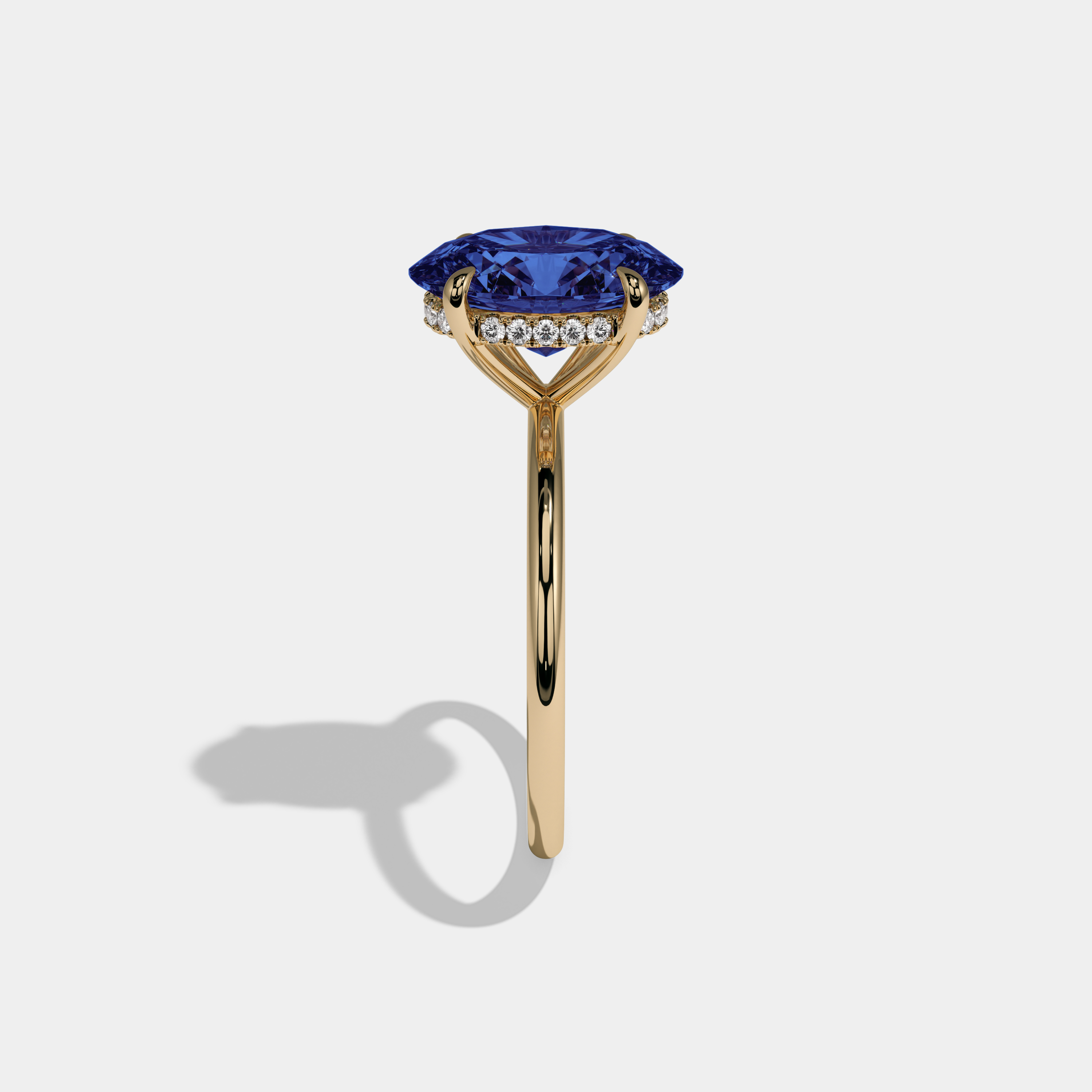 Isabella Fancy Dark Blue Oval Cut Diamond Plain Band Engagement Ring 6.5ct 18K Yellow Gold