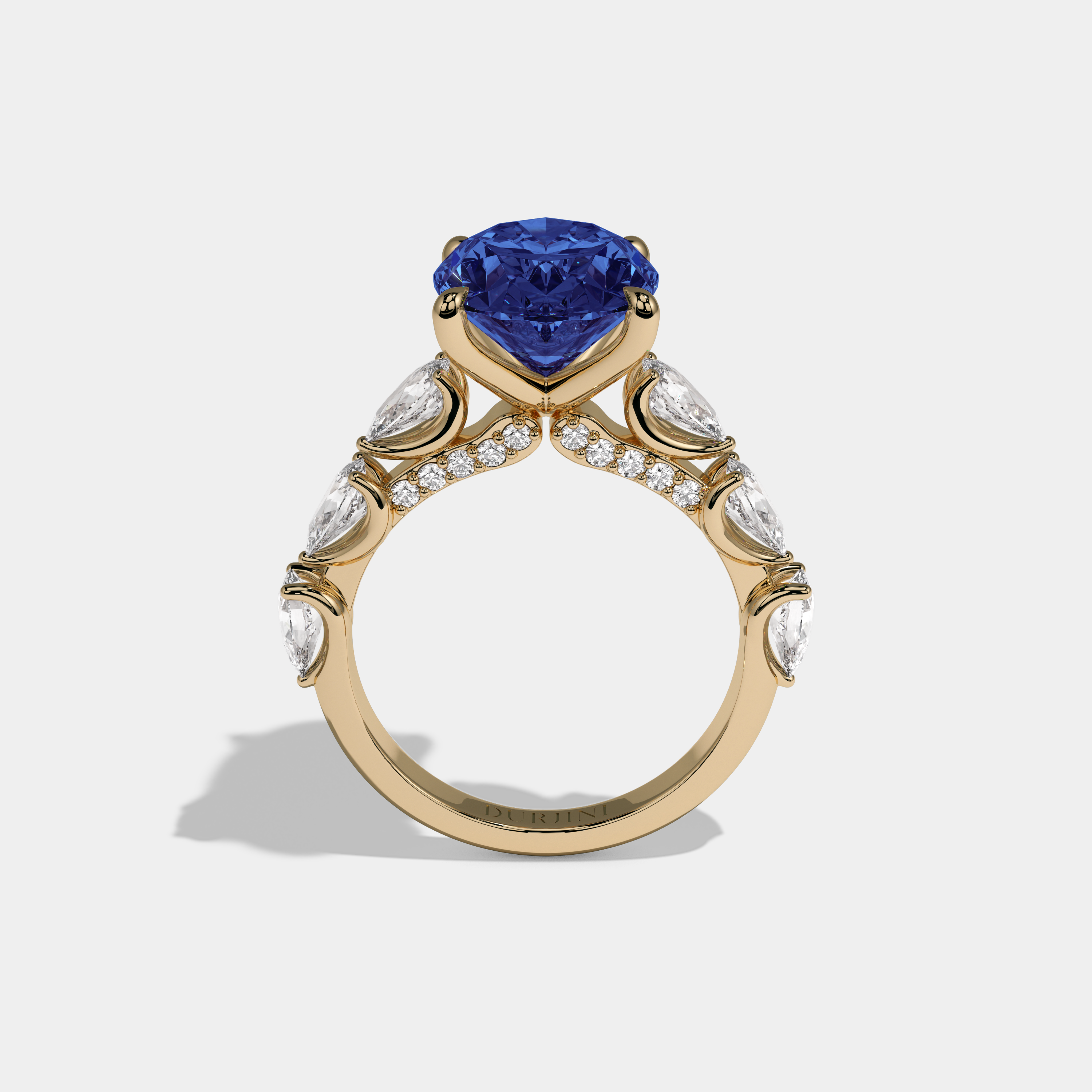 Diana Fancy Dark Blue Oval Cut Diamond Band With Pear Cuts Engagement Ring 6ct 18K Yellow Gold