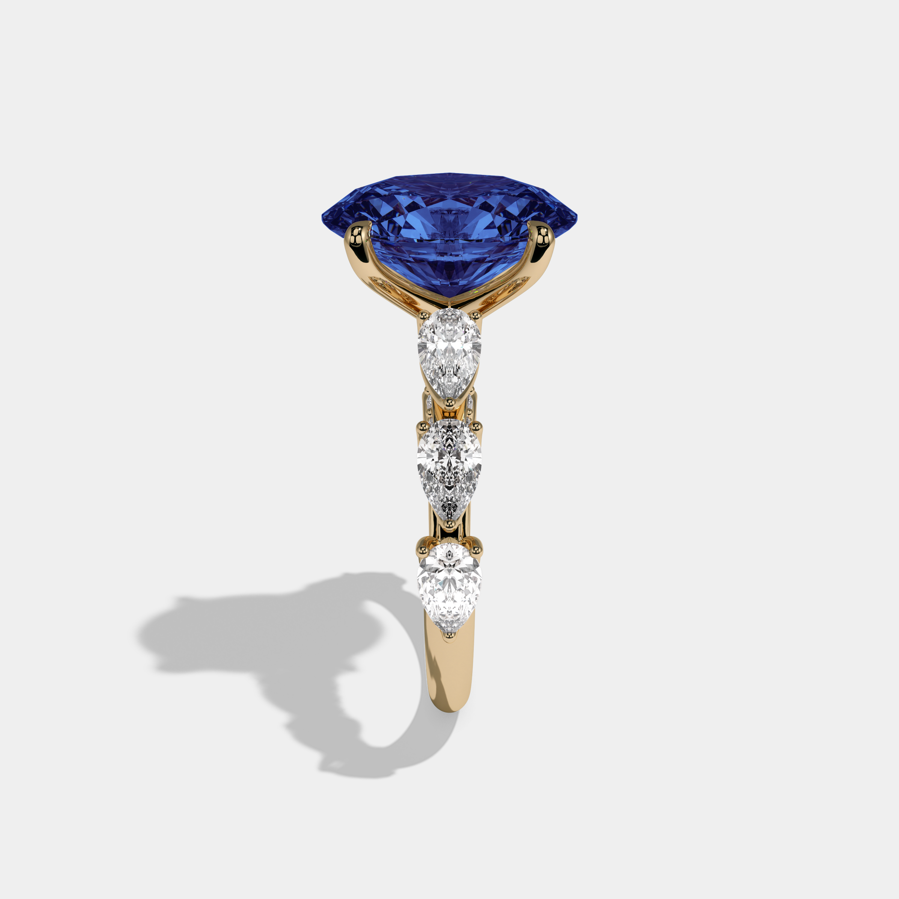 Diana Fancy Dark Blue Oval Cut Diamond Band With Pear Cuts Engagement Ring 6ct 18K Yellow Gold
