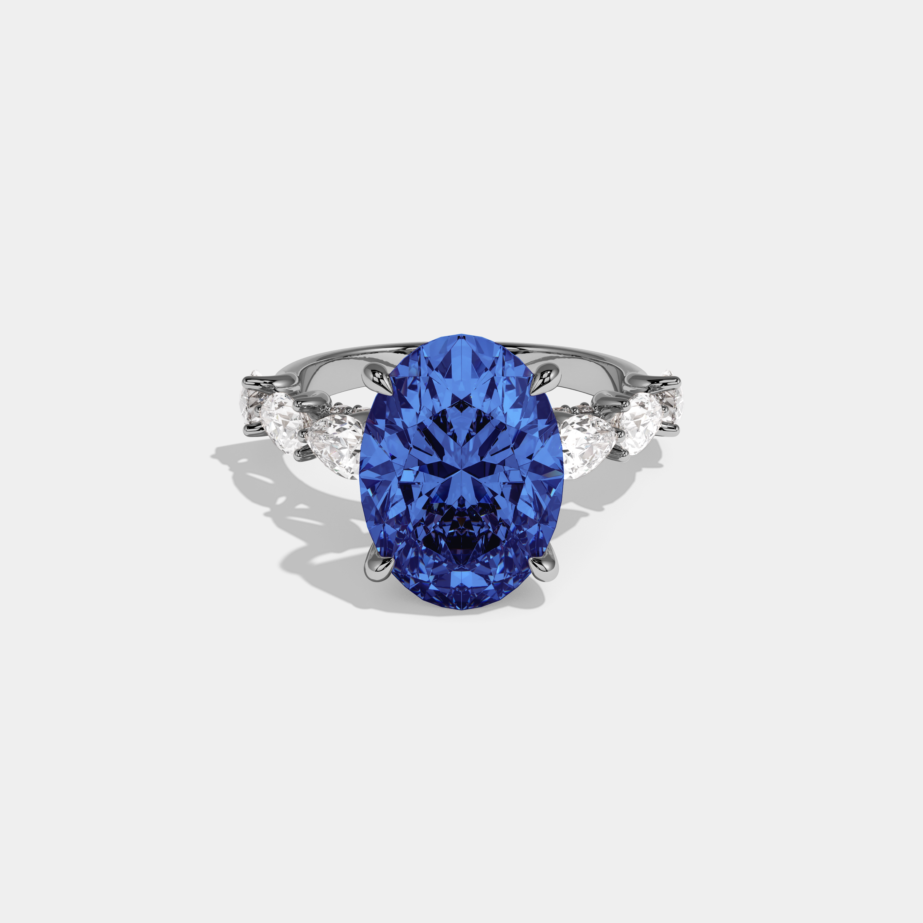 Catherine Fancy Dark Blue Oval Cut Diamond Band With Pear Cuts Engagement Ring 6ct 18K White Gold