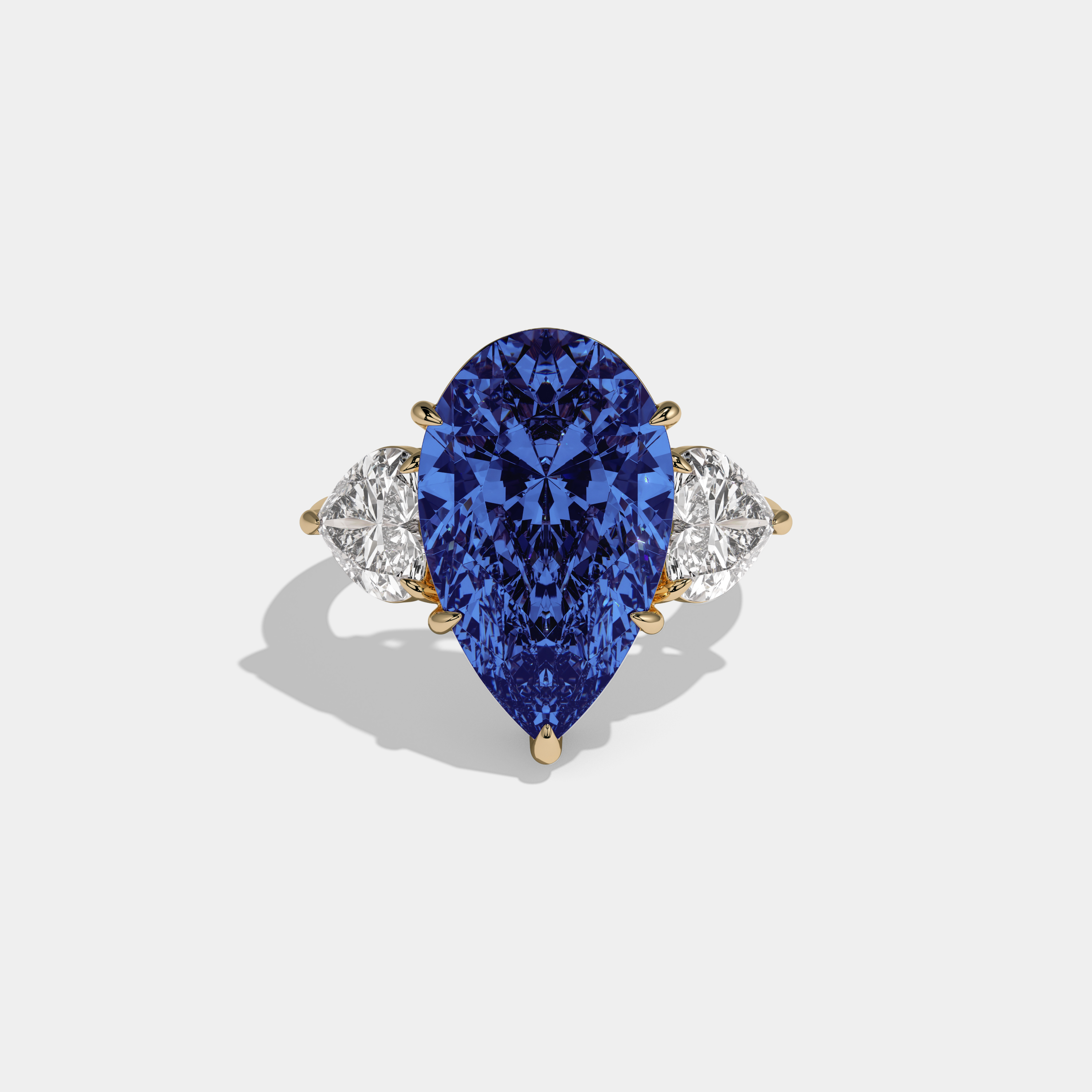 Diana Fancy Dark Blue Pear Cut Diamond Plain Band With Heart Cut Sides Engagement Ring 6ct 18K Yellow Gold