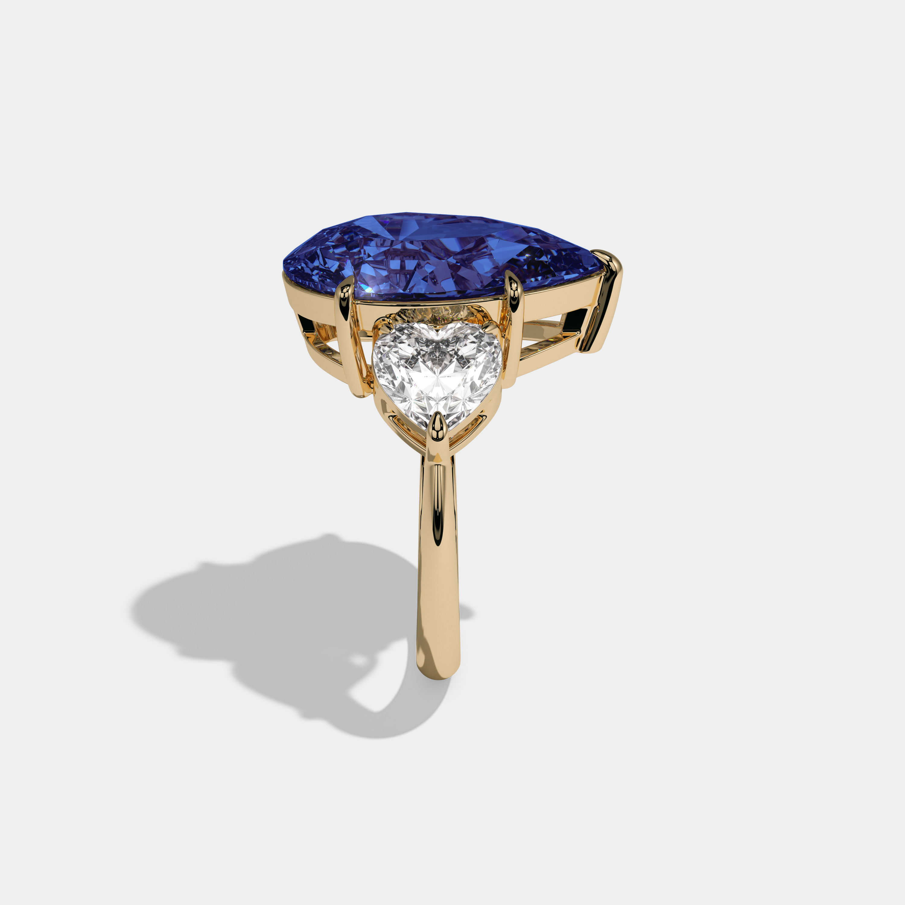 Diana Fancy Dark Blue Pear Cut Diamond Plain Band With Heart Cut Sides Engagement Ring 6ct 18K Yellow Gold
