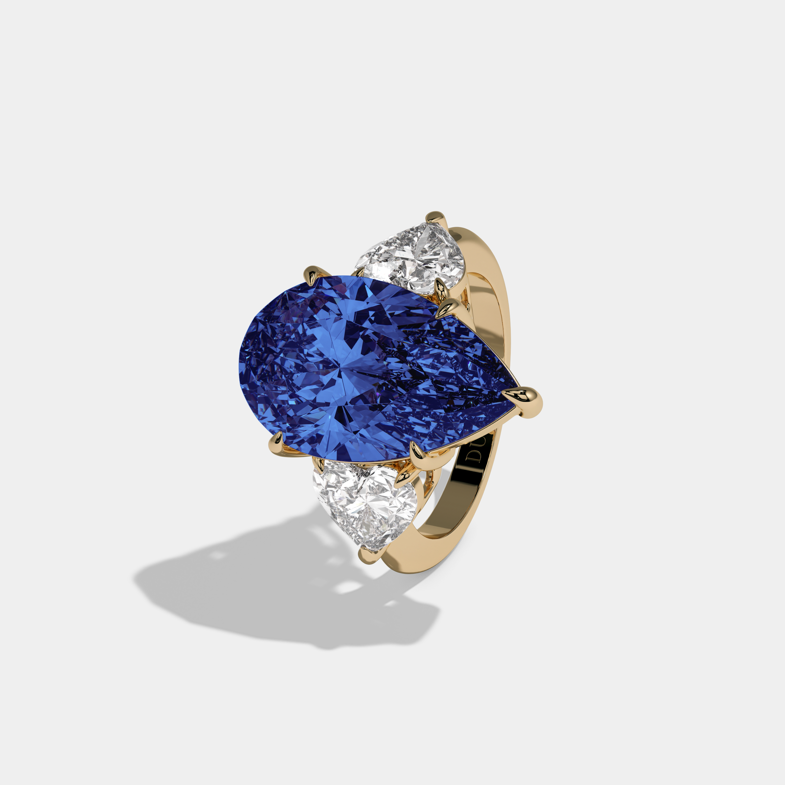 Diana Fancy Dark Blue Pear Cut Diamond Plain Band With Heart Cut Sides Engagement Ring 6ct 18K Yellow Gold