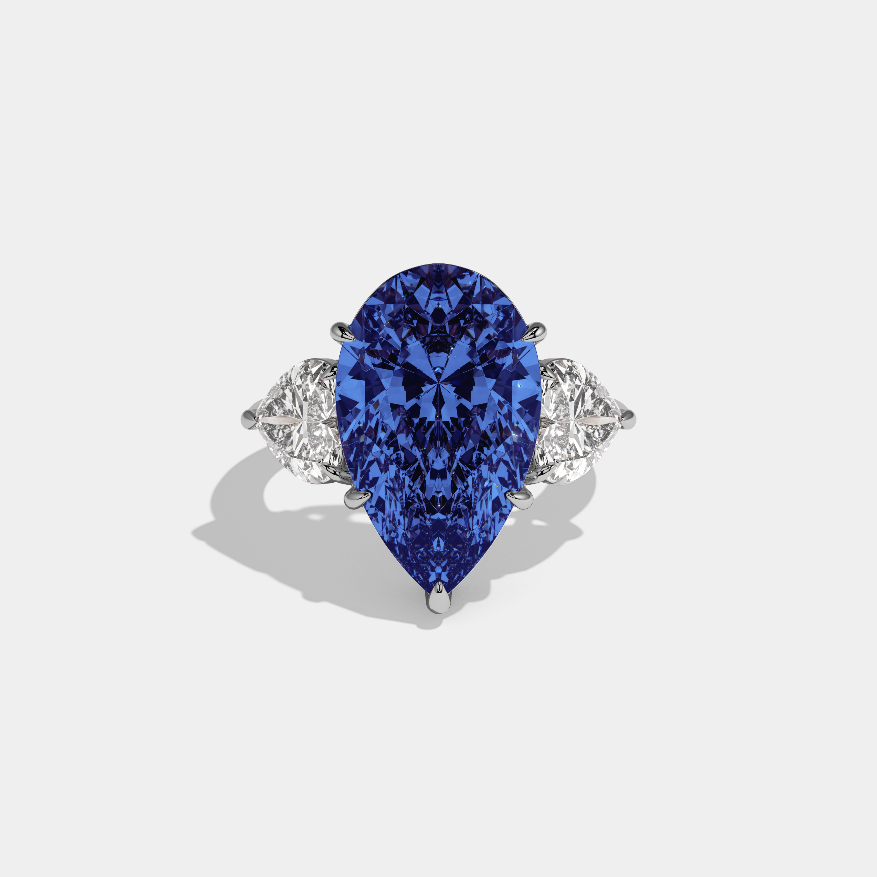 Catherine Fancy Dark Blue Pear Cut Diamond Plain Band With Heart Cut Sides Engagement Ring 6ct 18K White Gold
