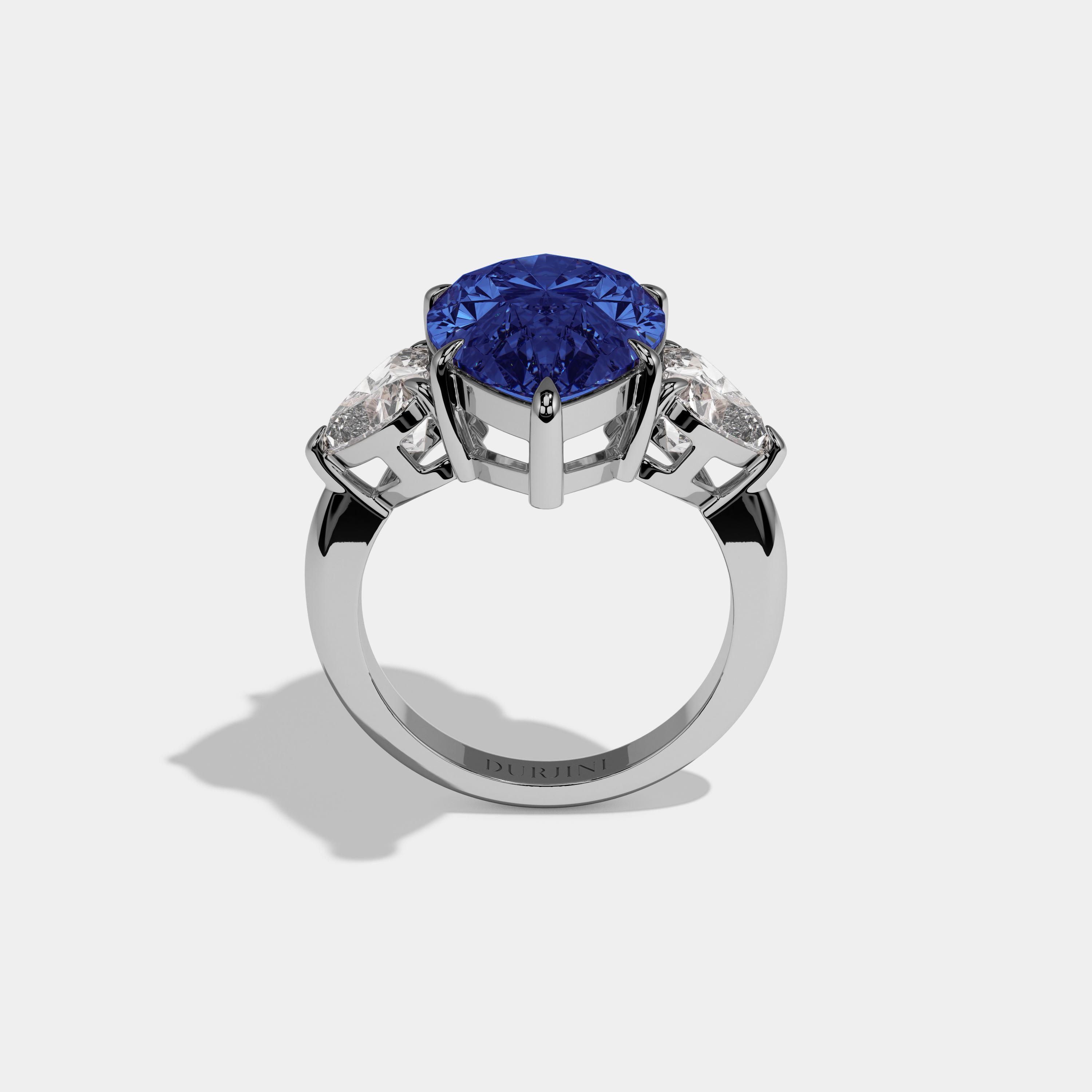 Catherine Fancy Dark Blue Pear Cut Diamond Plain Band With Heart Cut Sides Engagement Ring 6ct 18K White Gold