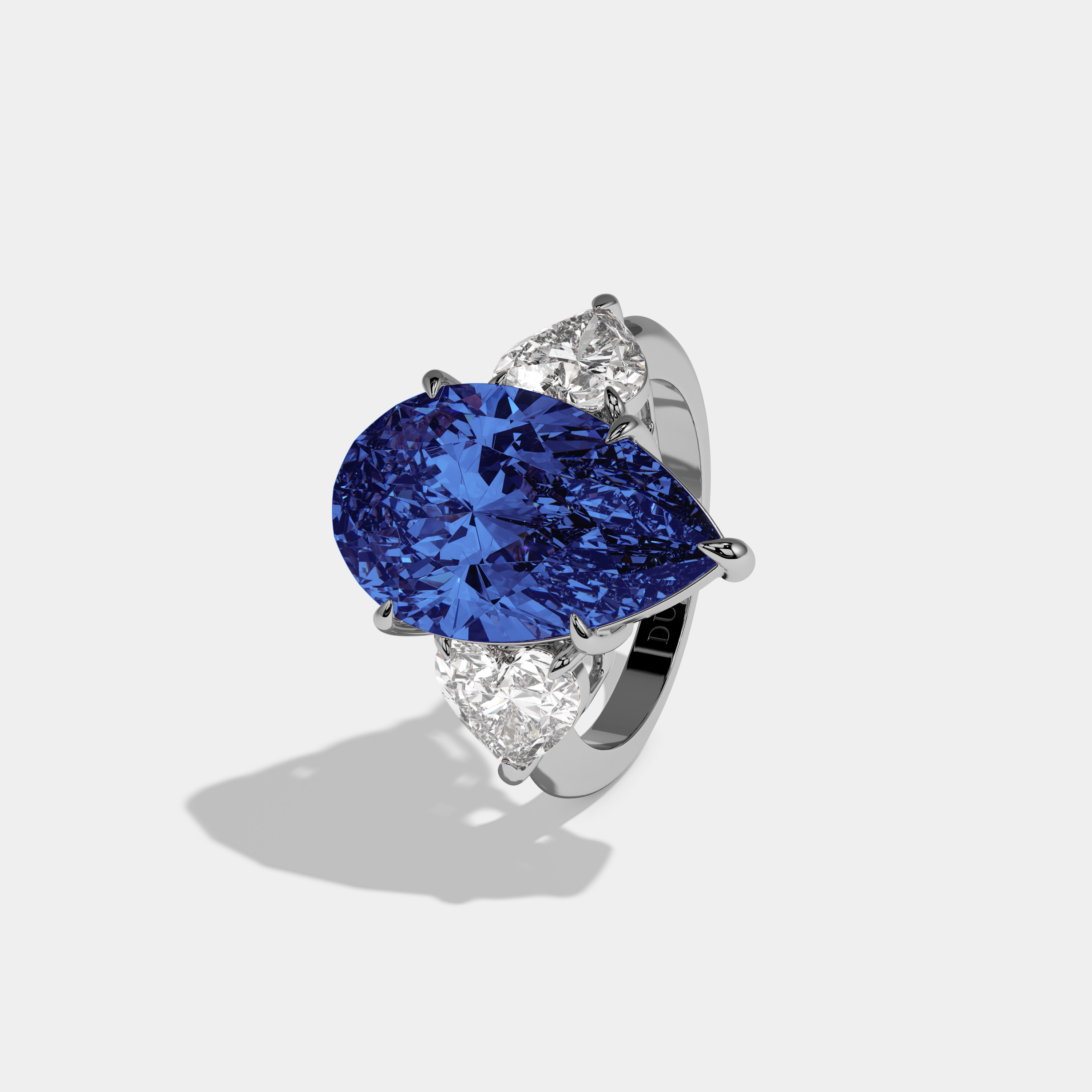 Catherine Fancy Dark Blue Pear Cut Diamond Plain Band With Heart Cut Sides Engagement Ring 6ct 18K White Gold