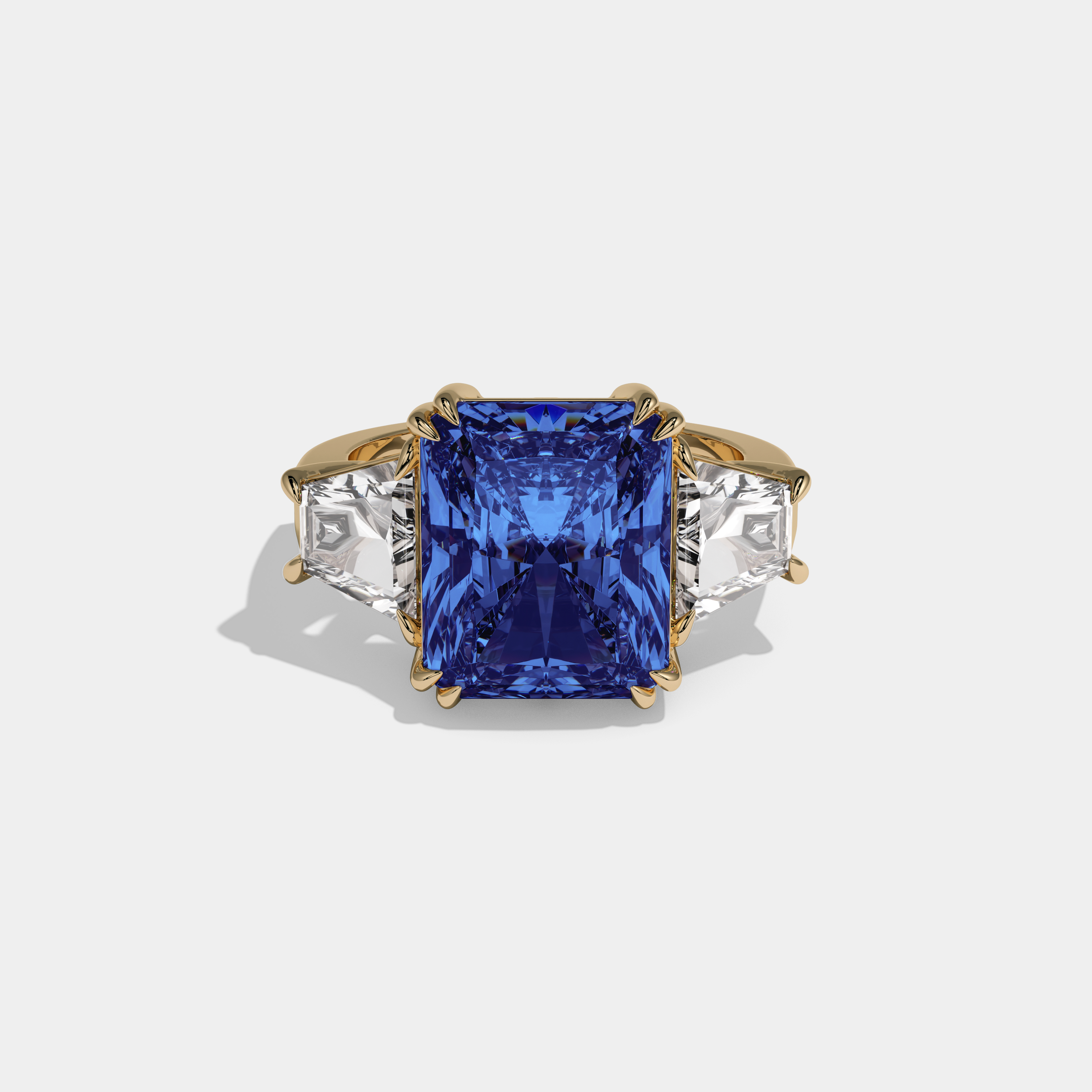 Charlotte Fancy Dark Blue Radiant Cut Diamond Plain Band With Trapezoid Sides Engagement Ring 7ct 18K Yellow Gold