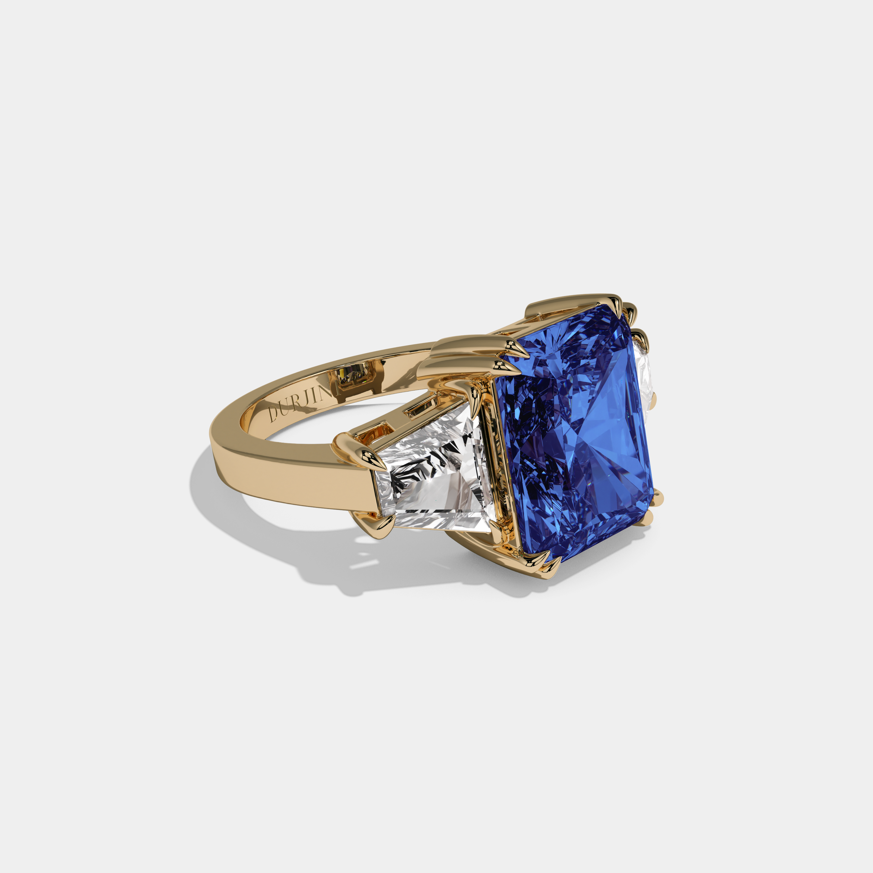 Charlotte Fancy Dark Blue Radiant Cut Diamond Plain Band With Trapezoid Sides Engagement Ring 7ct 18K Yellow Gold