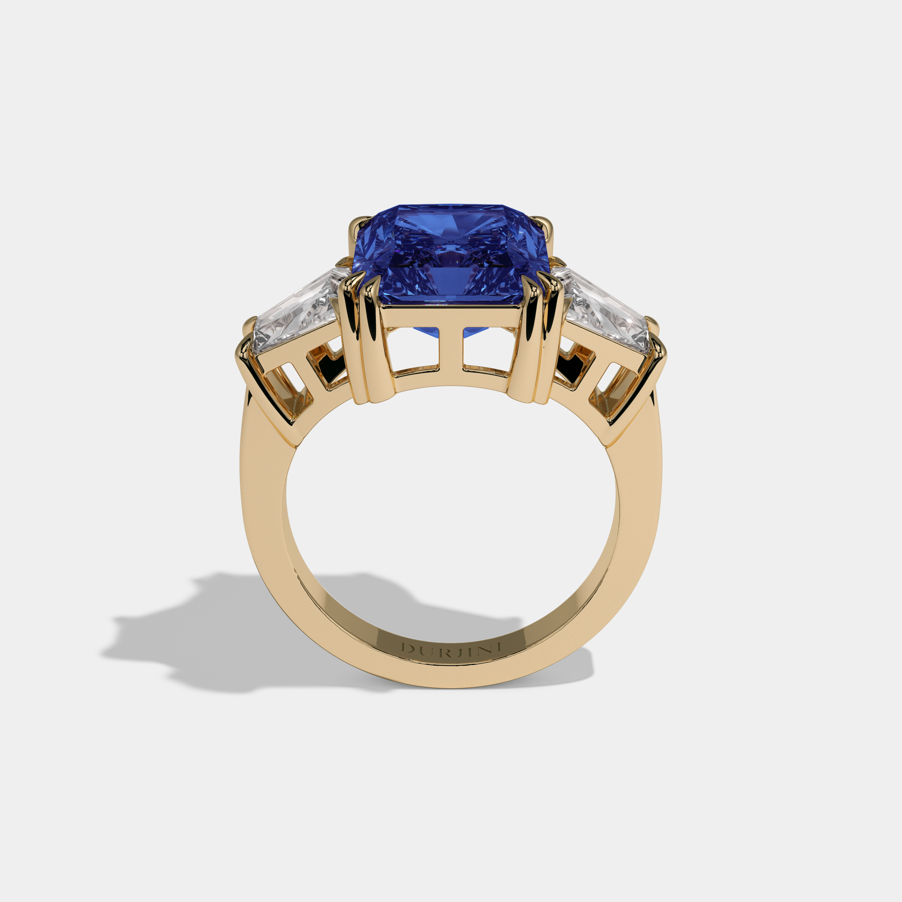 Charlotte Fancy Dark Blue Radiant Cut Diamond Plain Band With Trapezoid Sides Engagement Ring 7ct 18K Yellow Gold