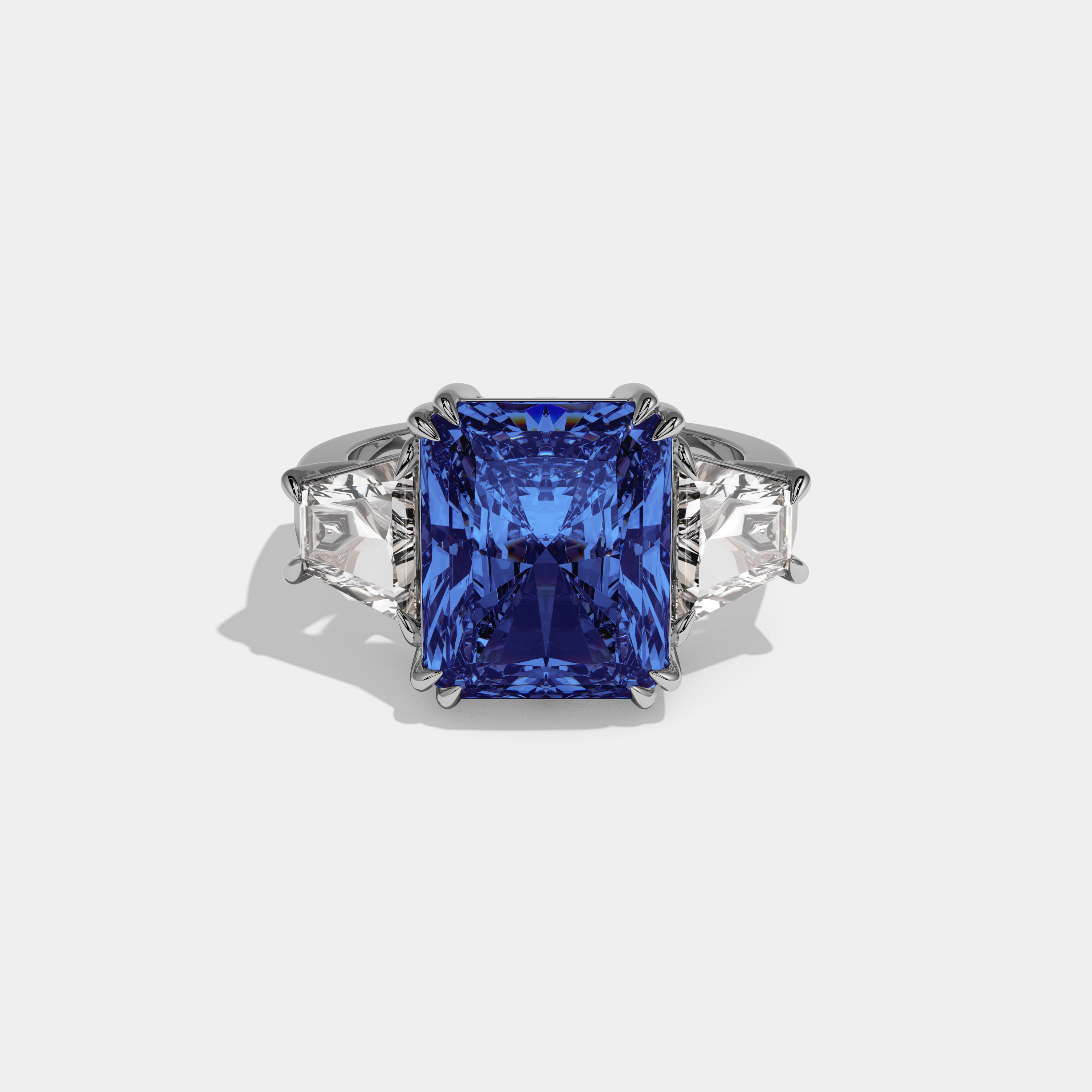 Diana Fancy Dark Blue Radiant Cut Diamond Plain Band With Trapezoid Sides Engagement Ring 7ct 18K White Gold