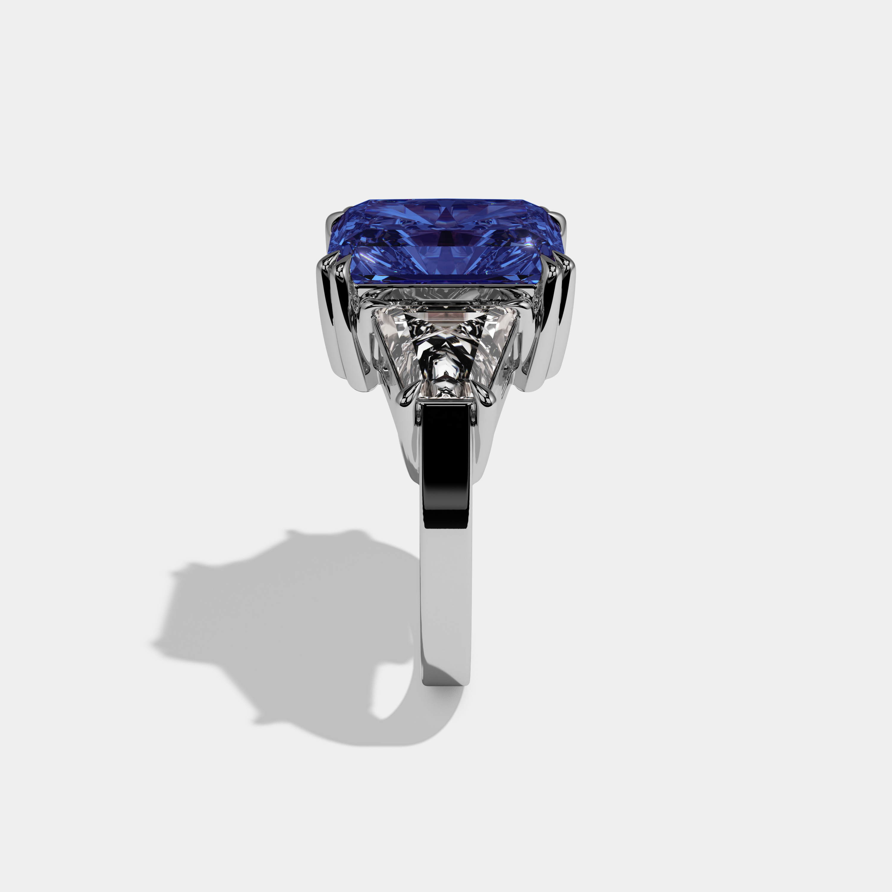 Diana Fancy Dark Blue Radiant Cut Diamond Plain Band With Trapezoid Sides Engagement Ring 7ct 18K White Gold