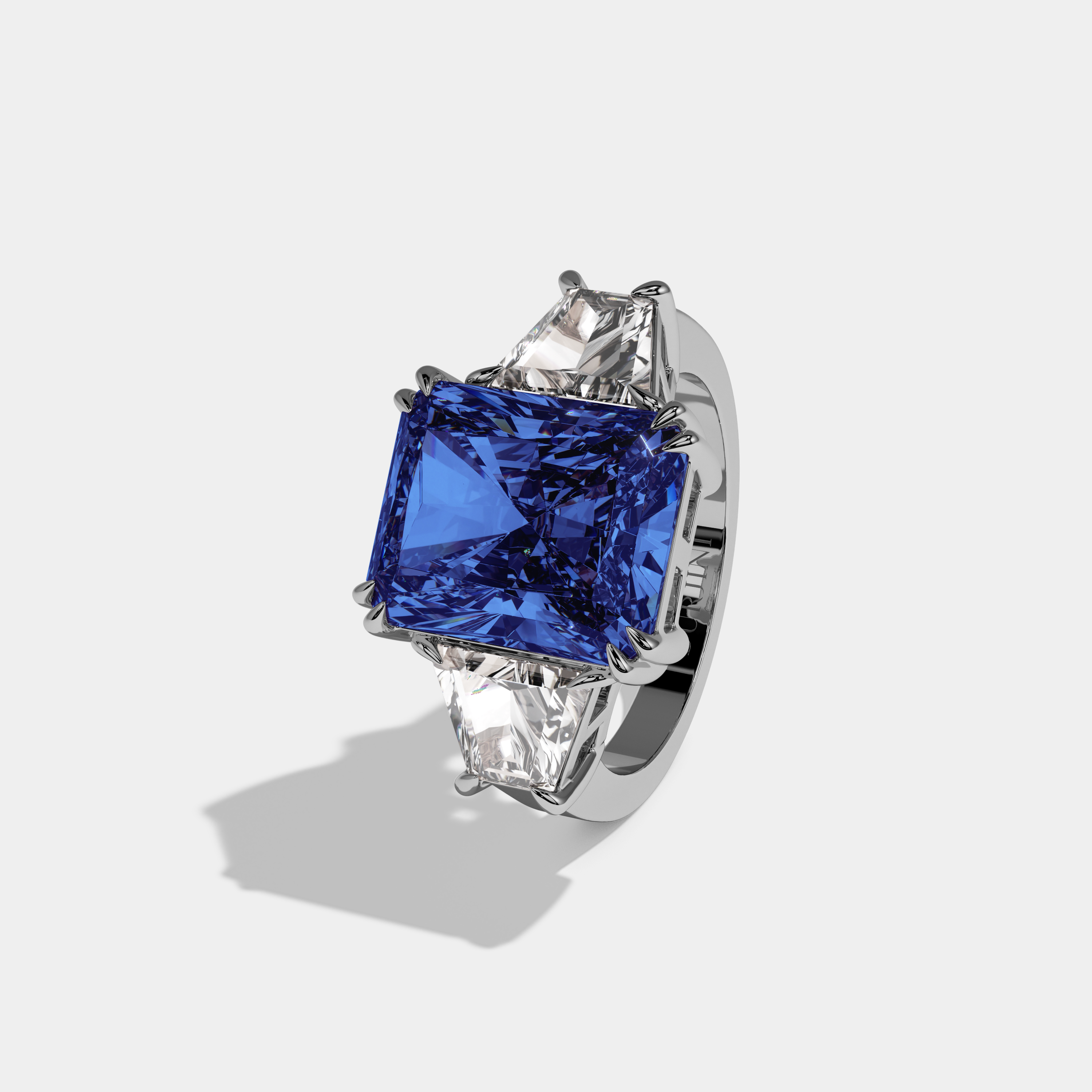 Diana Fancy Dark Blue Radiant Cut Diamond Plain Band With Trapezoid Sides Engagement Ring 7ct 18K White Gold