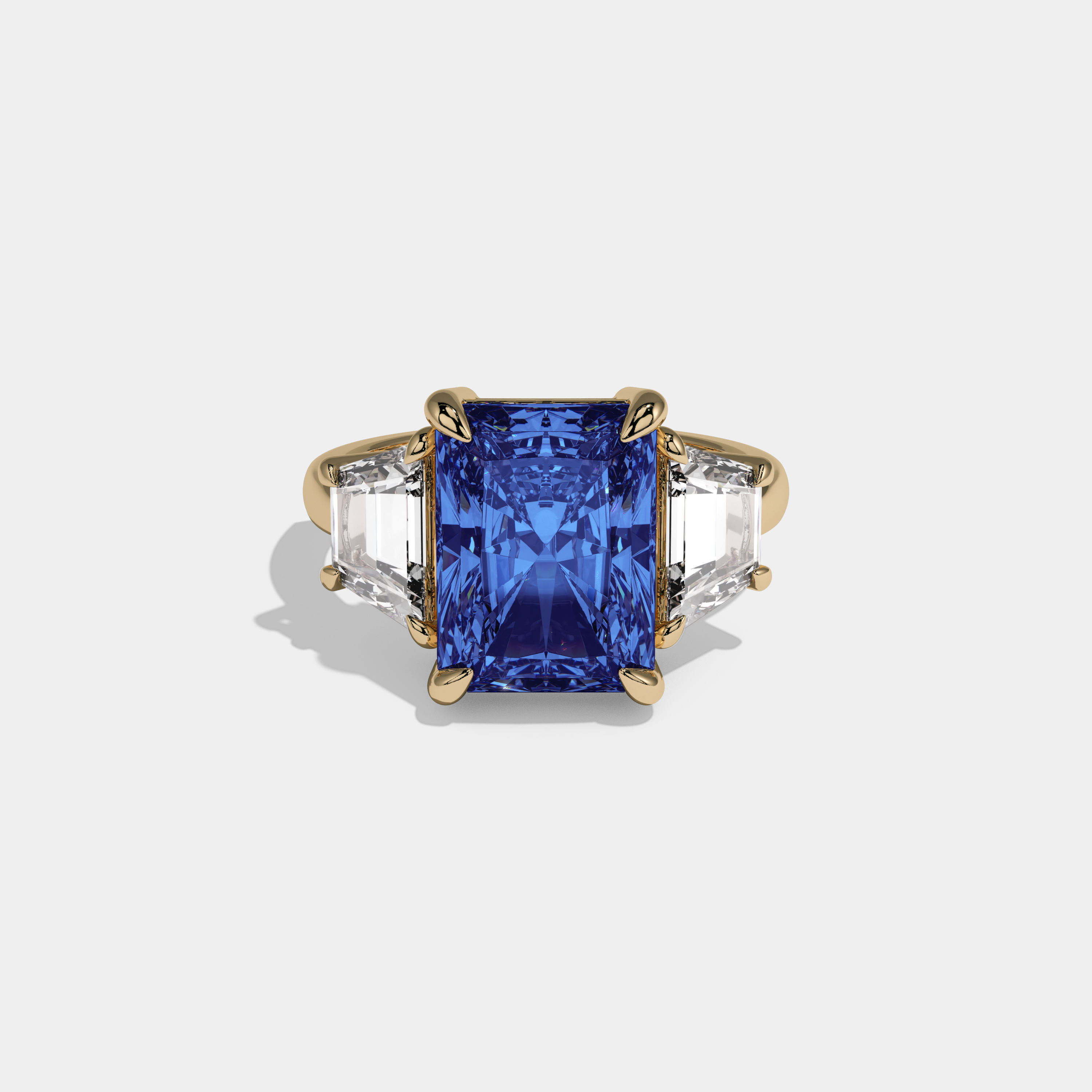 Caroline Fancy Dark Blue Radiant Cut Diamond Plain Band With Step Cut Sides Engagement Ring 8ct 18K Yellow Gold